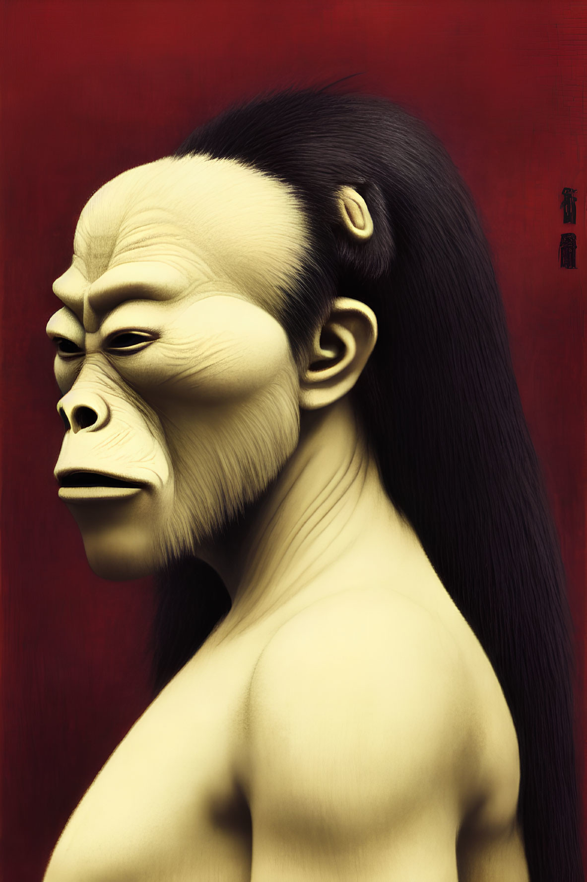 Humanoid with Monkey-Like Features in Solemn Expression on Red Background