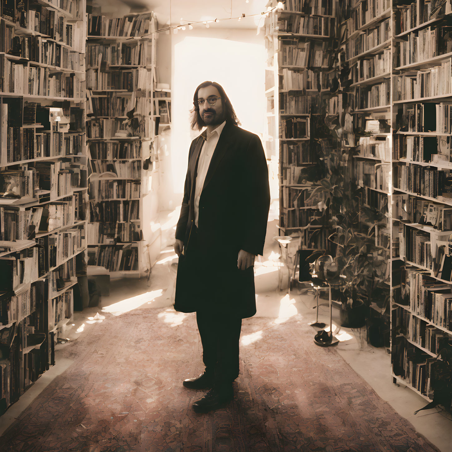 Person in Old-Fashioned Room with Towering Bookshelves