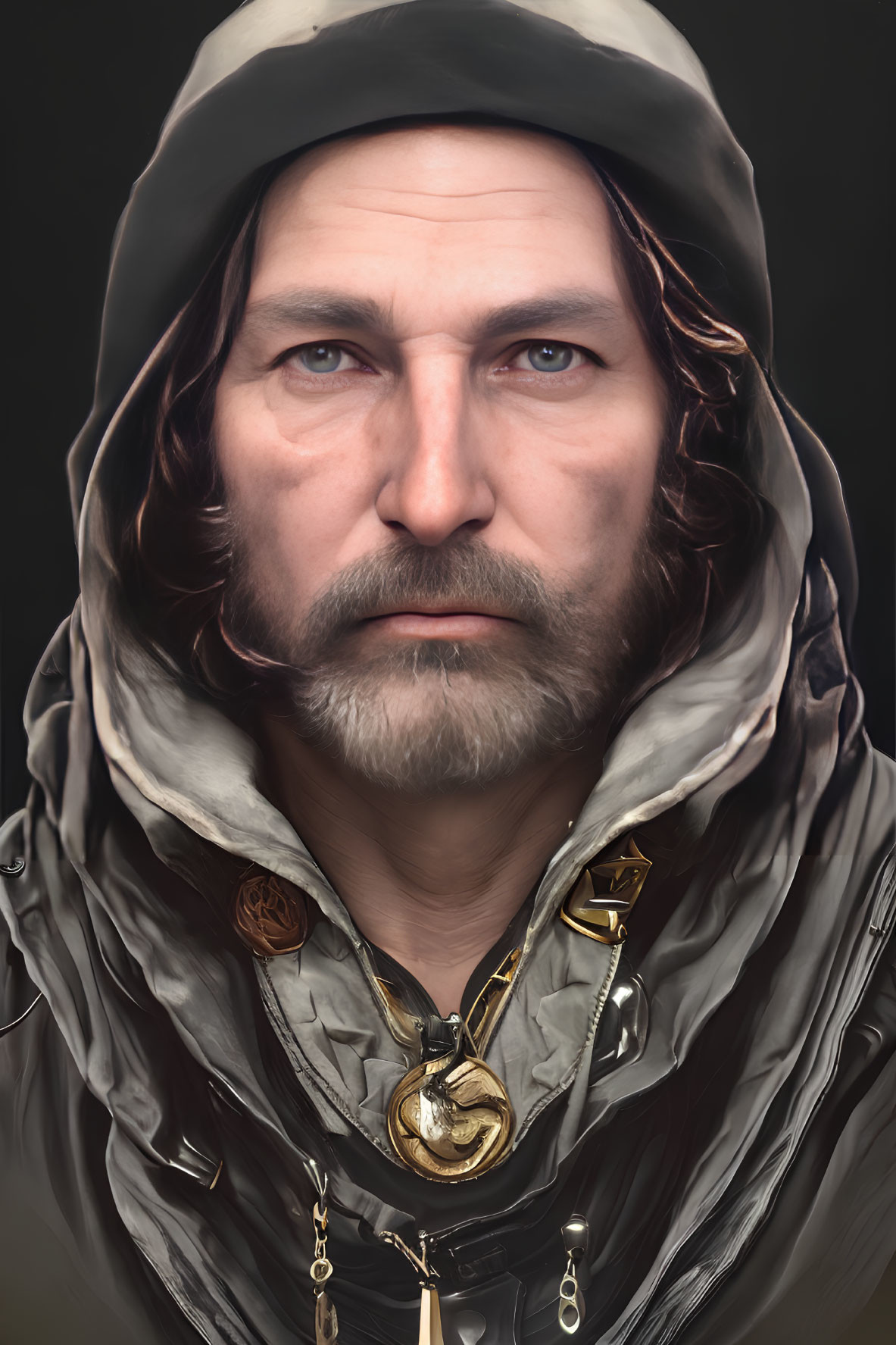 Intense gaze of bearded man in hood with ornate medallions