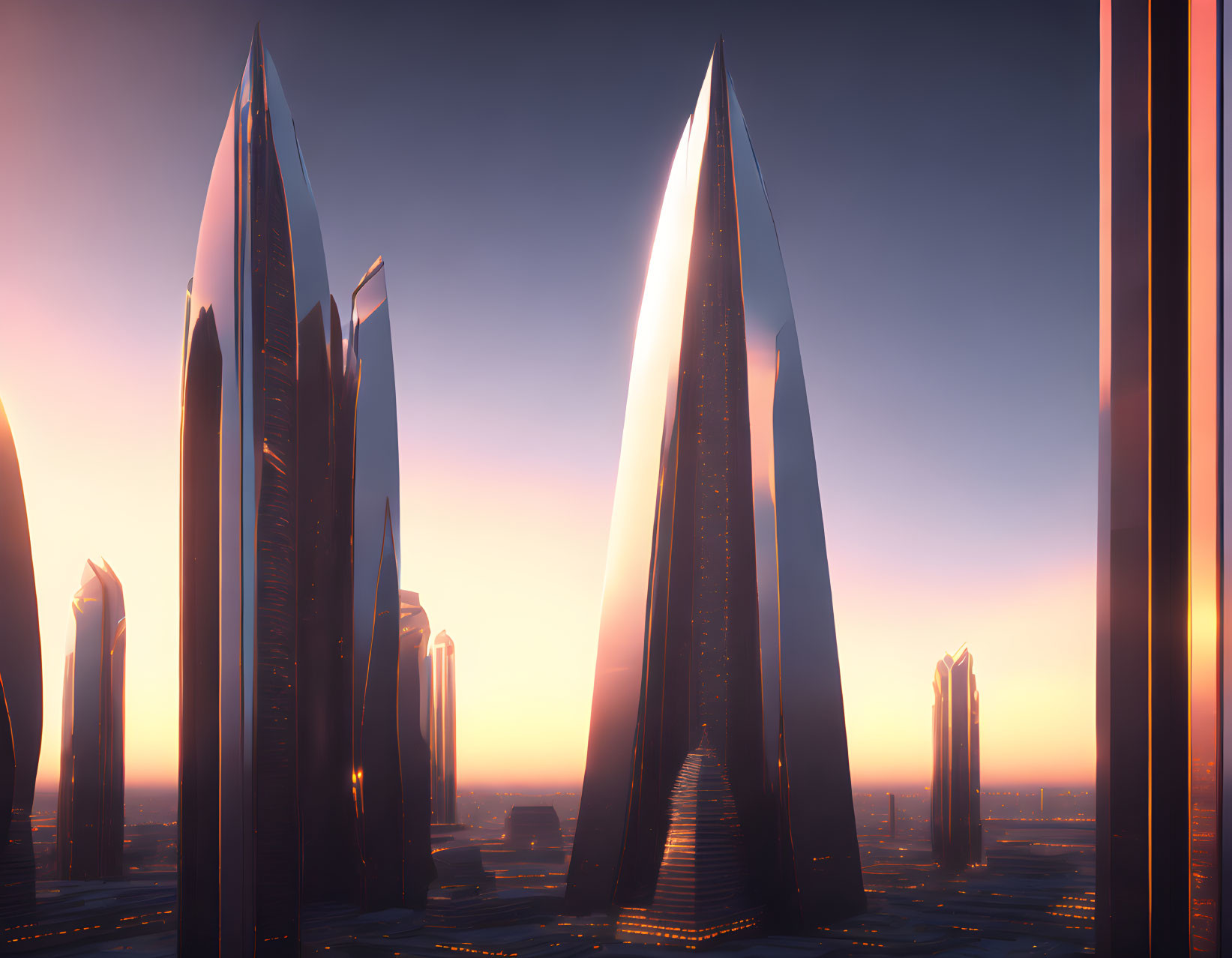 Futuristic sunset cityscape with tall skyscrapers