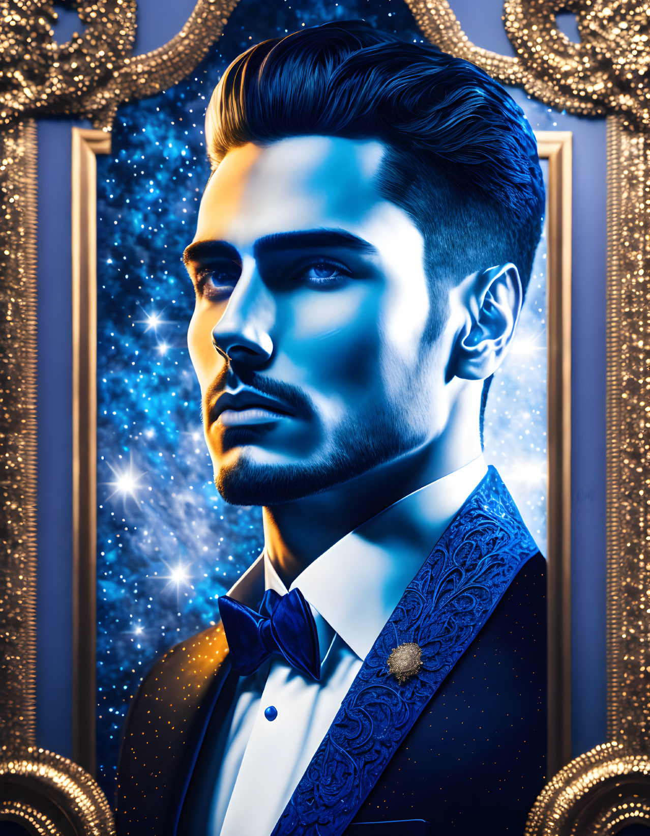 Cosmic-themed man portrait in blue suit with ornate golden frame