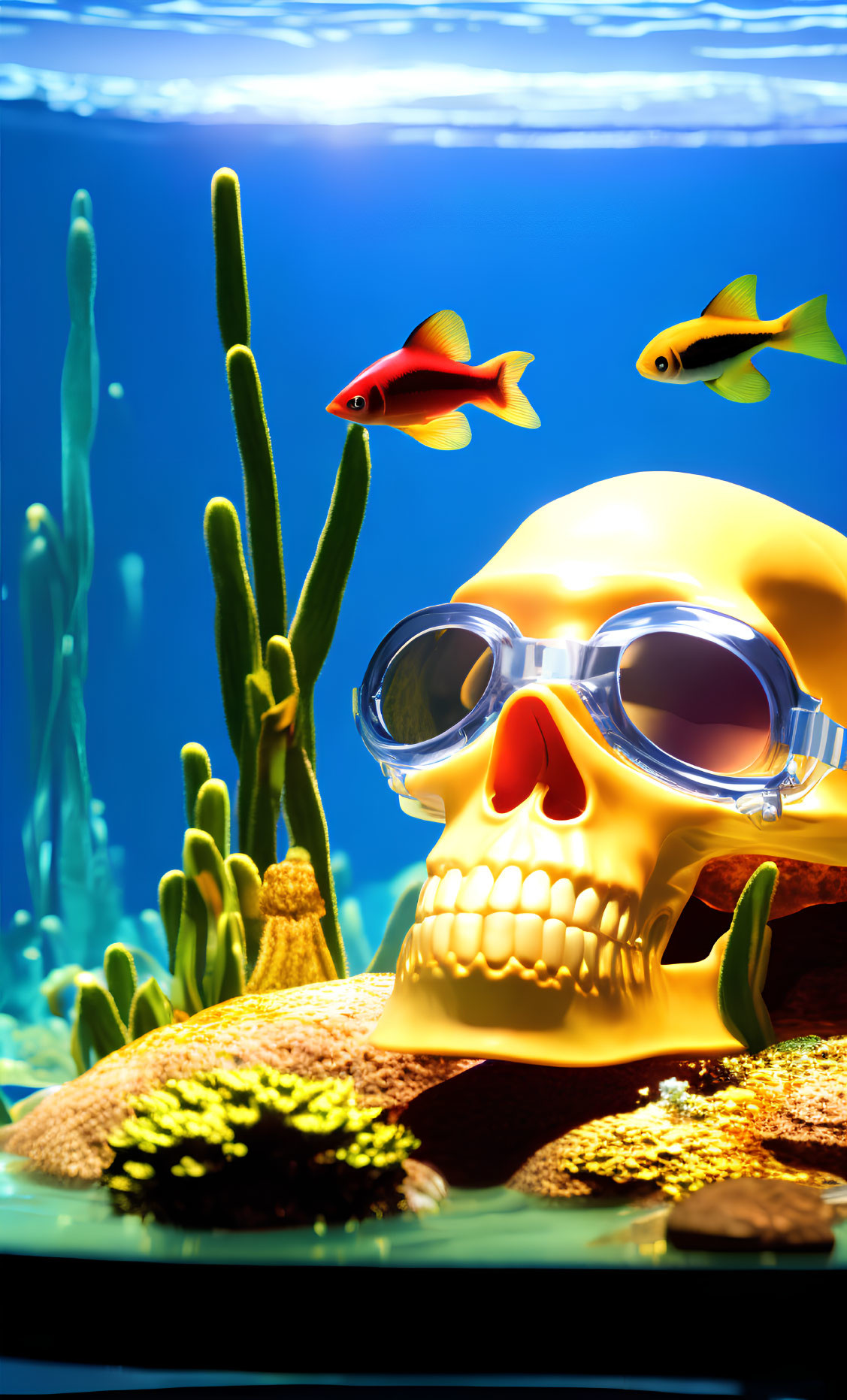 Submerged human skull with goggles, fish, and aquatic plants.