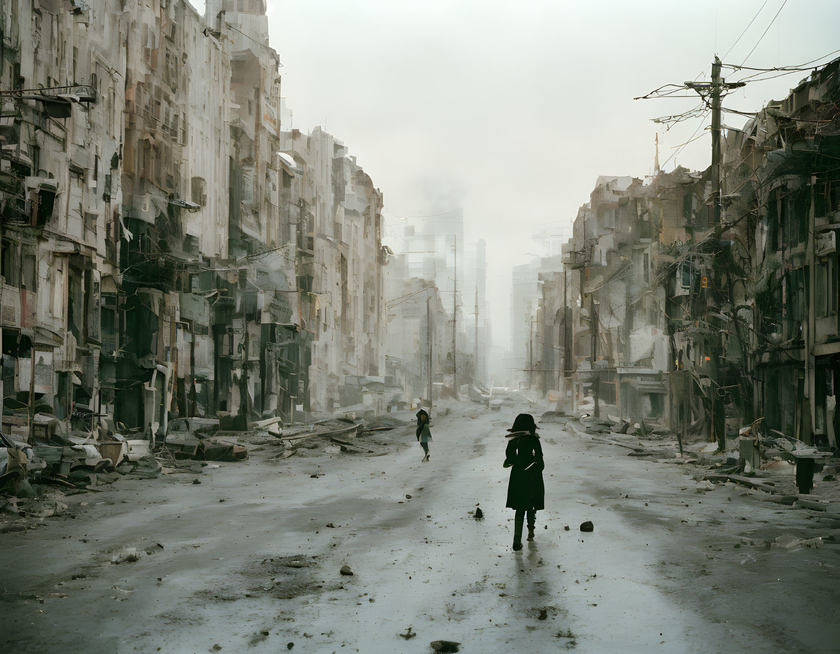 Desolate, War-Torn Street with Crumbling Buildings and Overcast Sky