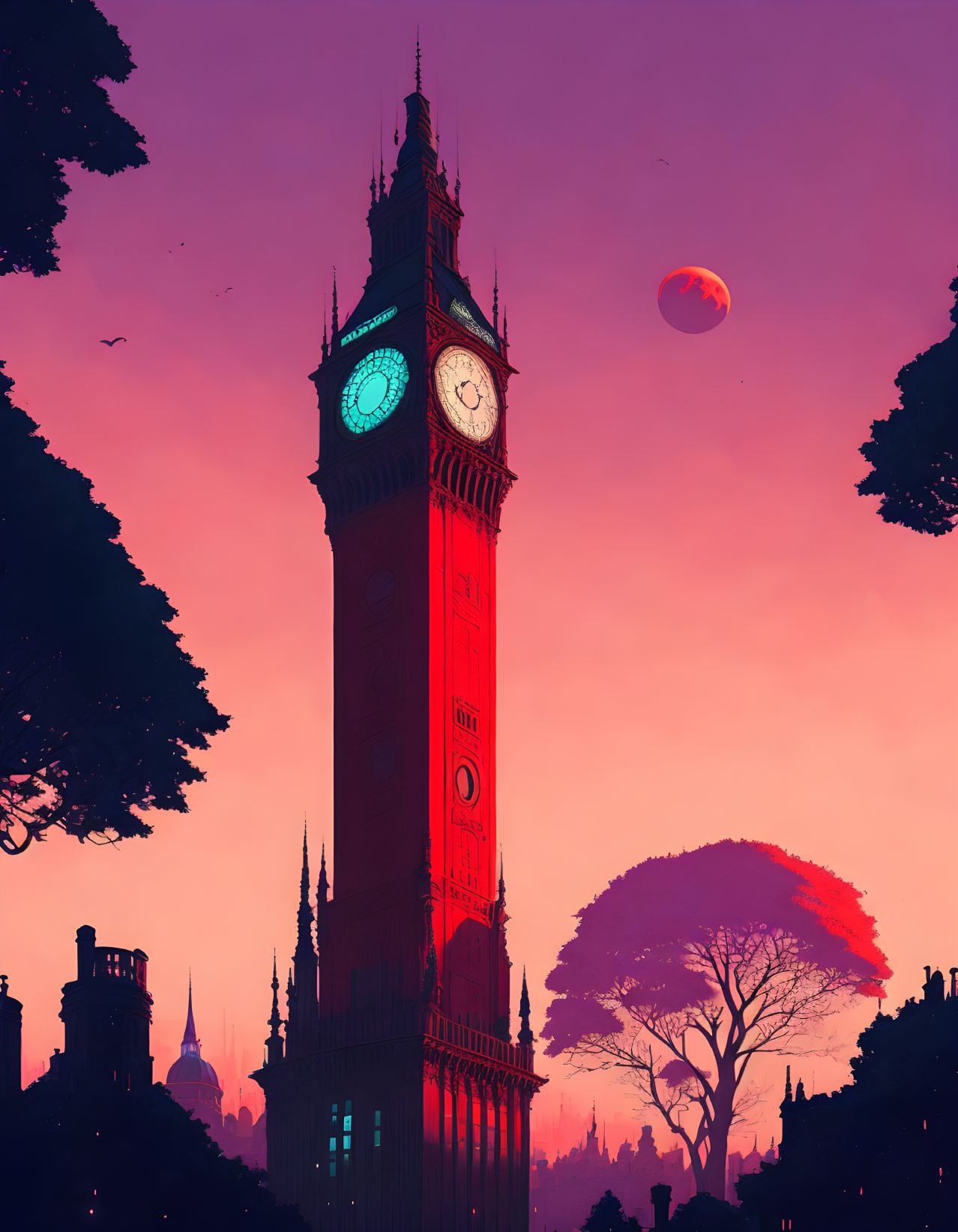 Stylized sunset illustration of Big Ben clock tower and nature scene