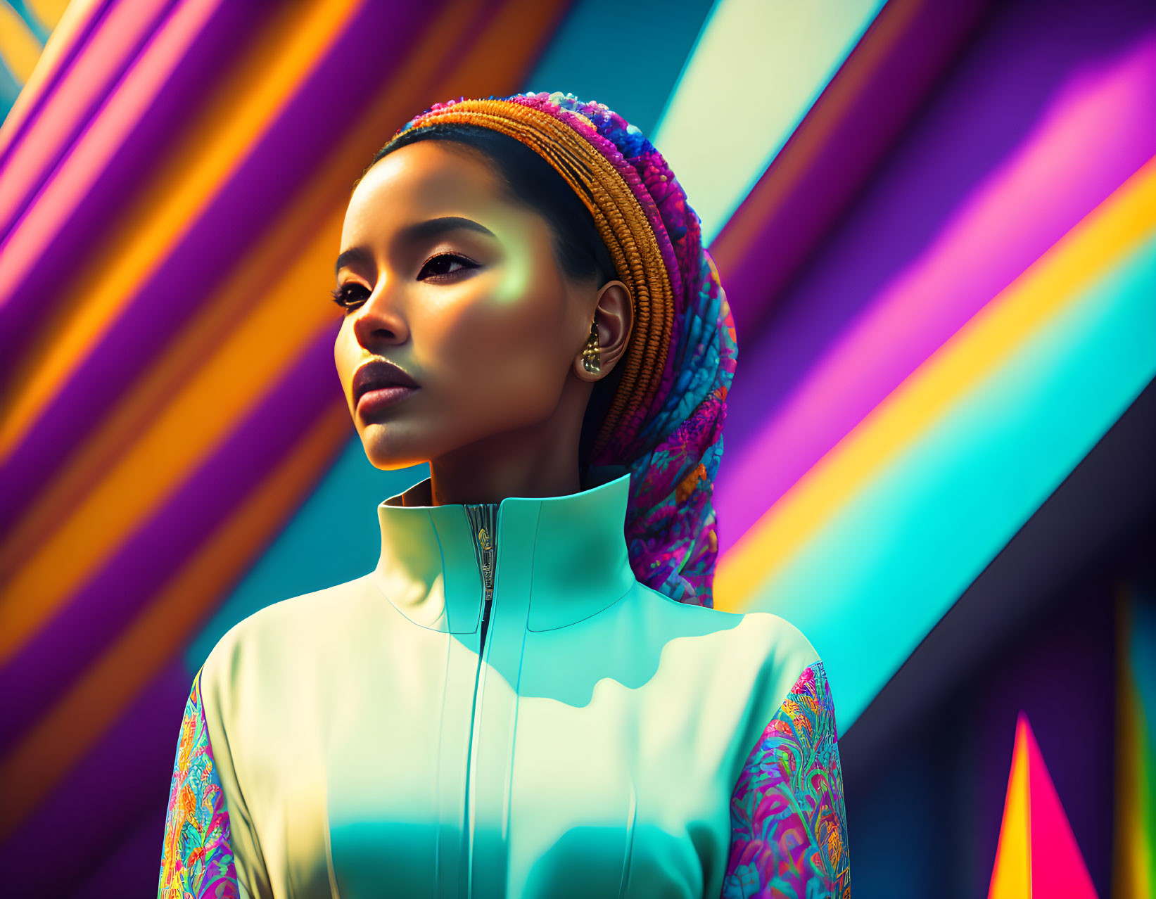 Colorful Braided Hair Woman in Front of Vibrant Abstract Background