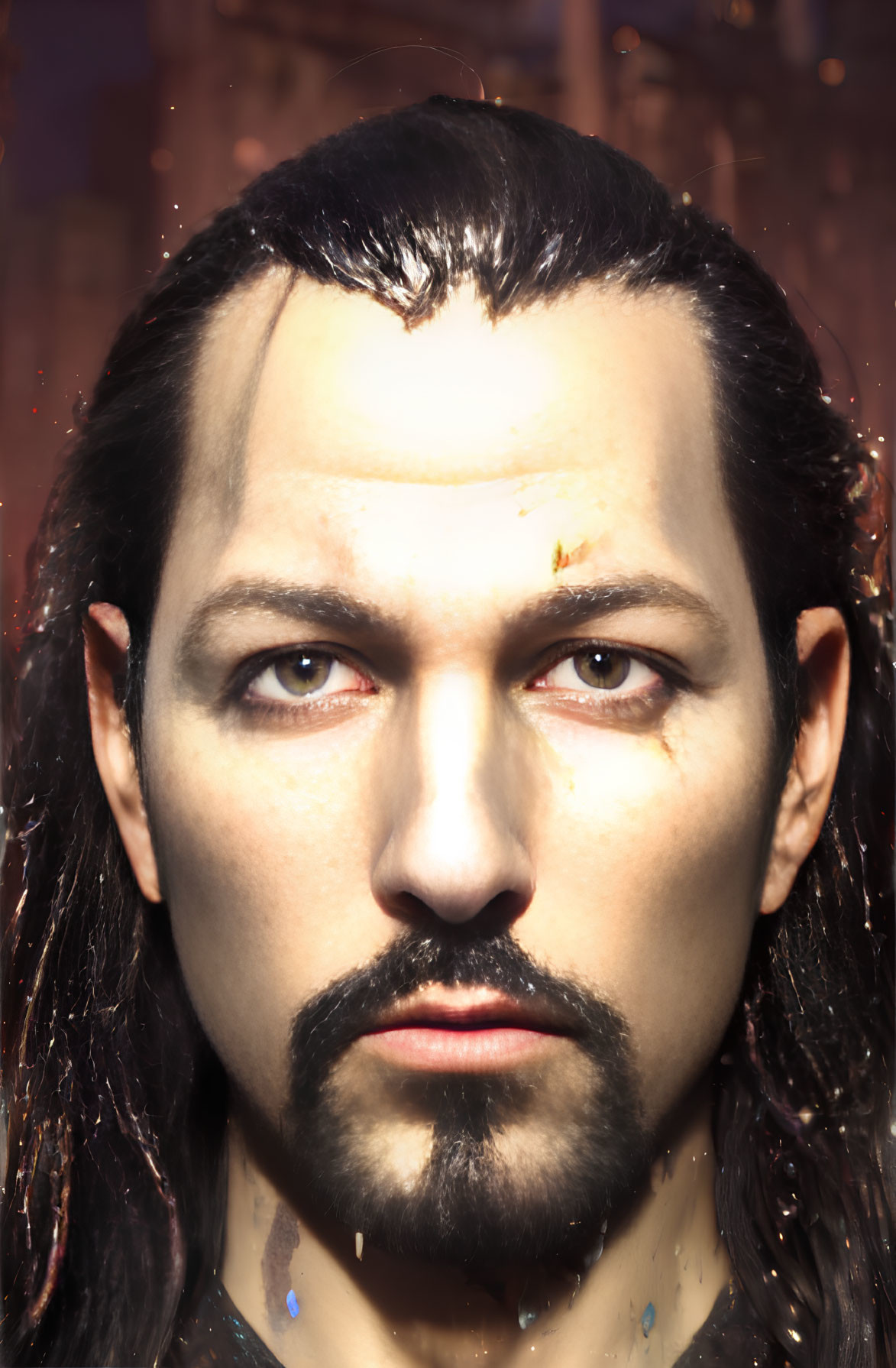 Portrait of a man with long wet hair and marked forehead on dark background