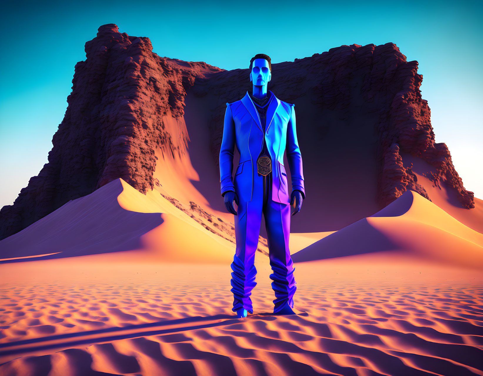 Futuristic blue suit person in desert with sand dunes