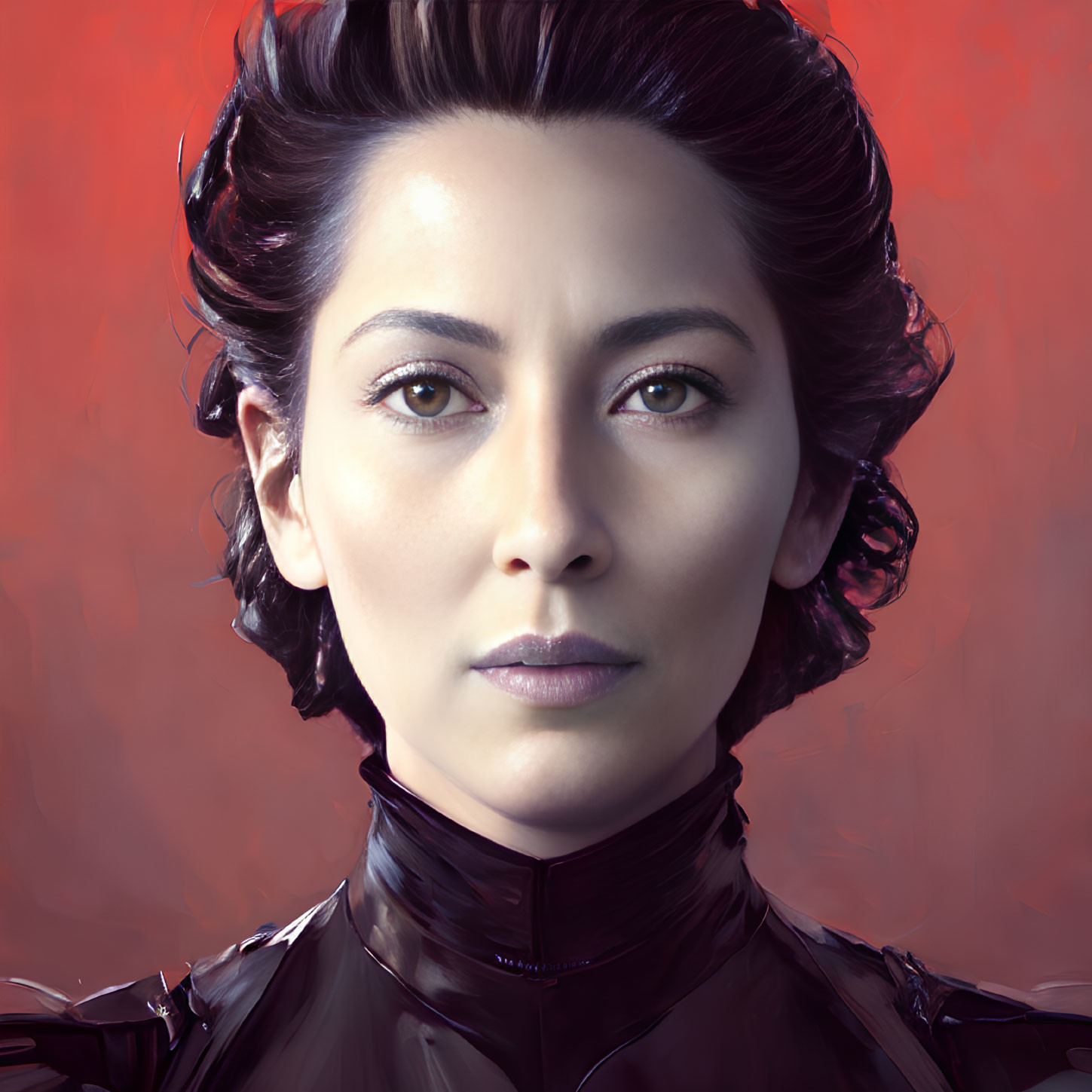 Digital portrait of woman with short dark hair, pronounced features, in shiny black outfit against warm red backdrop