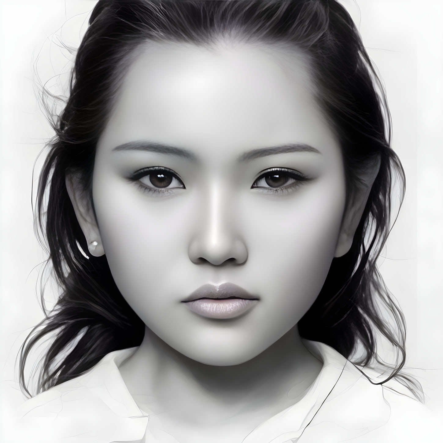 Detailed grayscale portrait of a young woman with piercing eyes and full lips