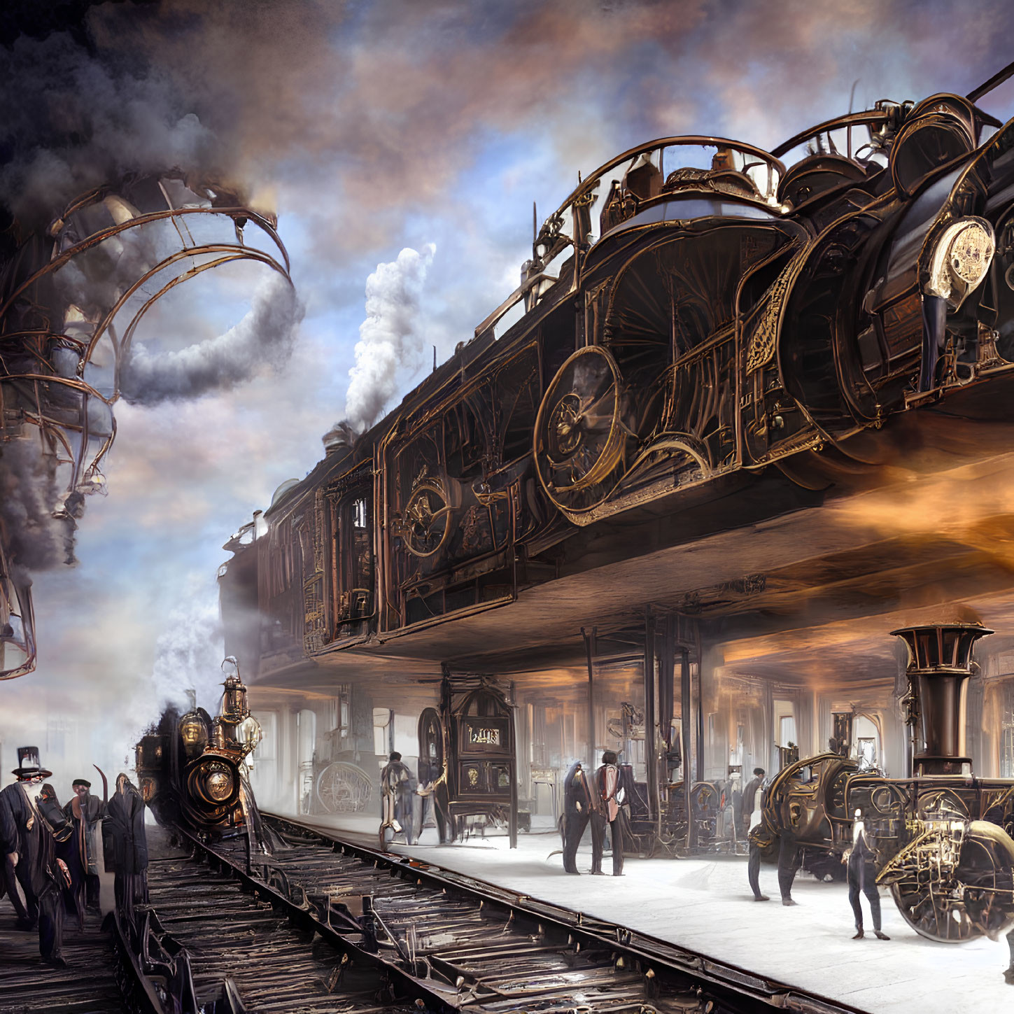 Steampunk-inspired scene with ornate steam trains on elevated tracks and people in vintage clothing in a