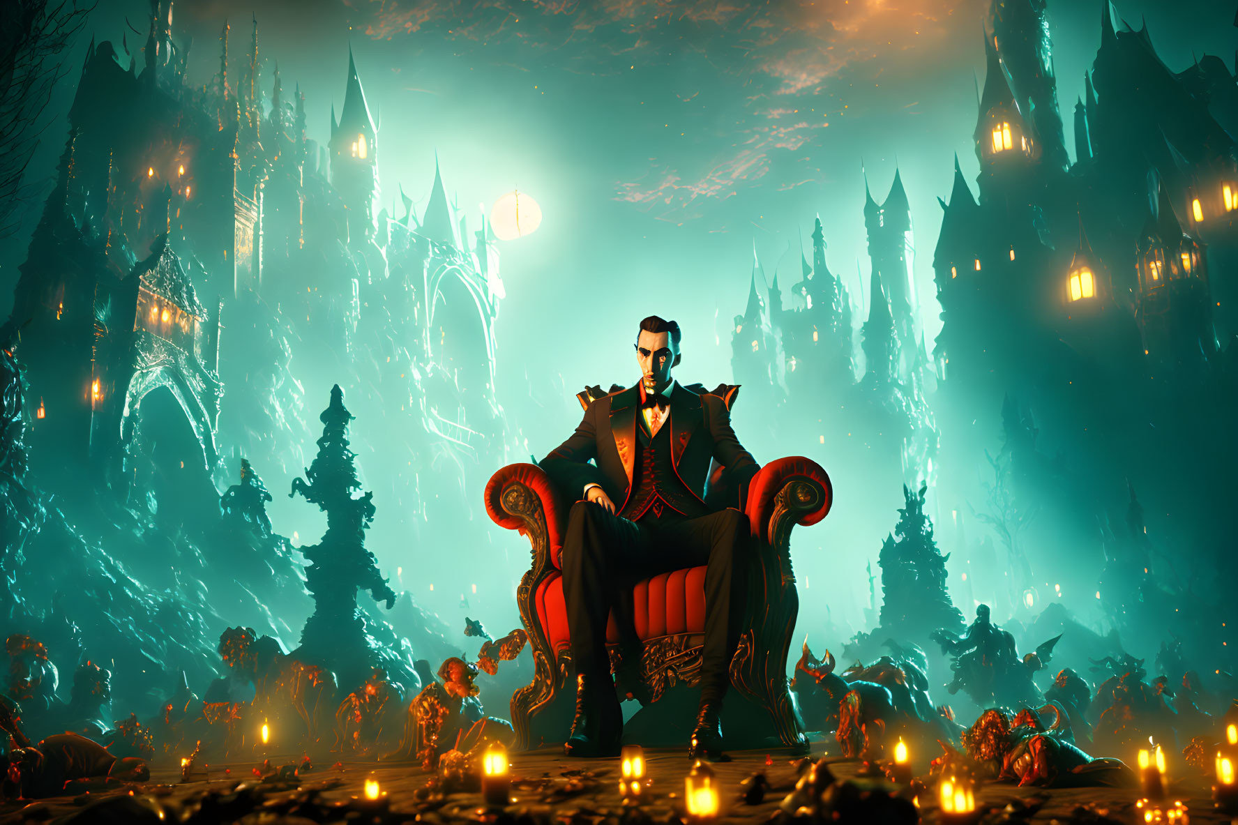 Bearded man on throne in eerie, green-lit forest with castles & demons