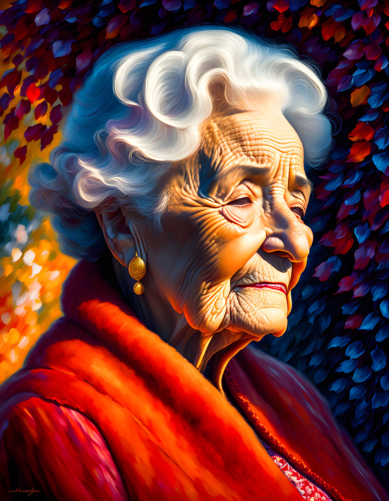 Colorful digital portrait of smiling elderly woman with white curly hair and gold earring against leafy backdrop