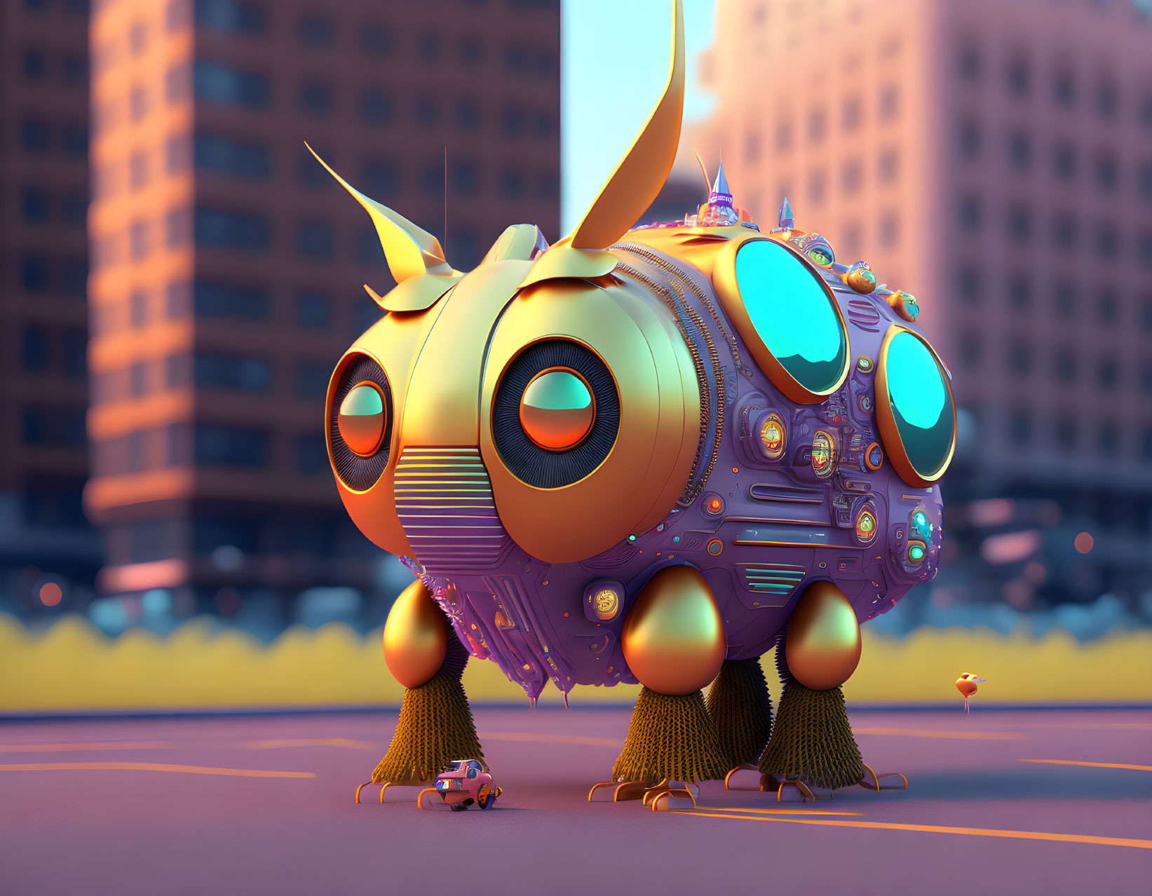 Colorful digital artwork: large, spherical robot with multiple eyes and horn-like protrusions in urban setting