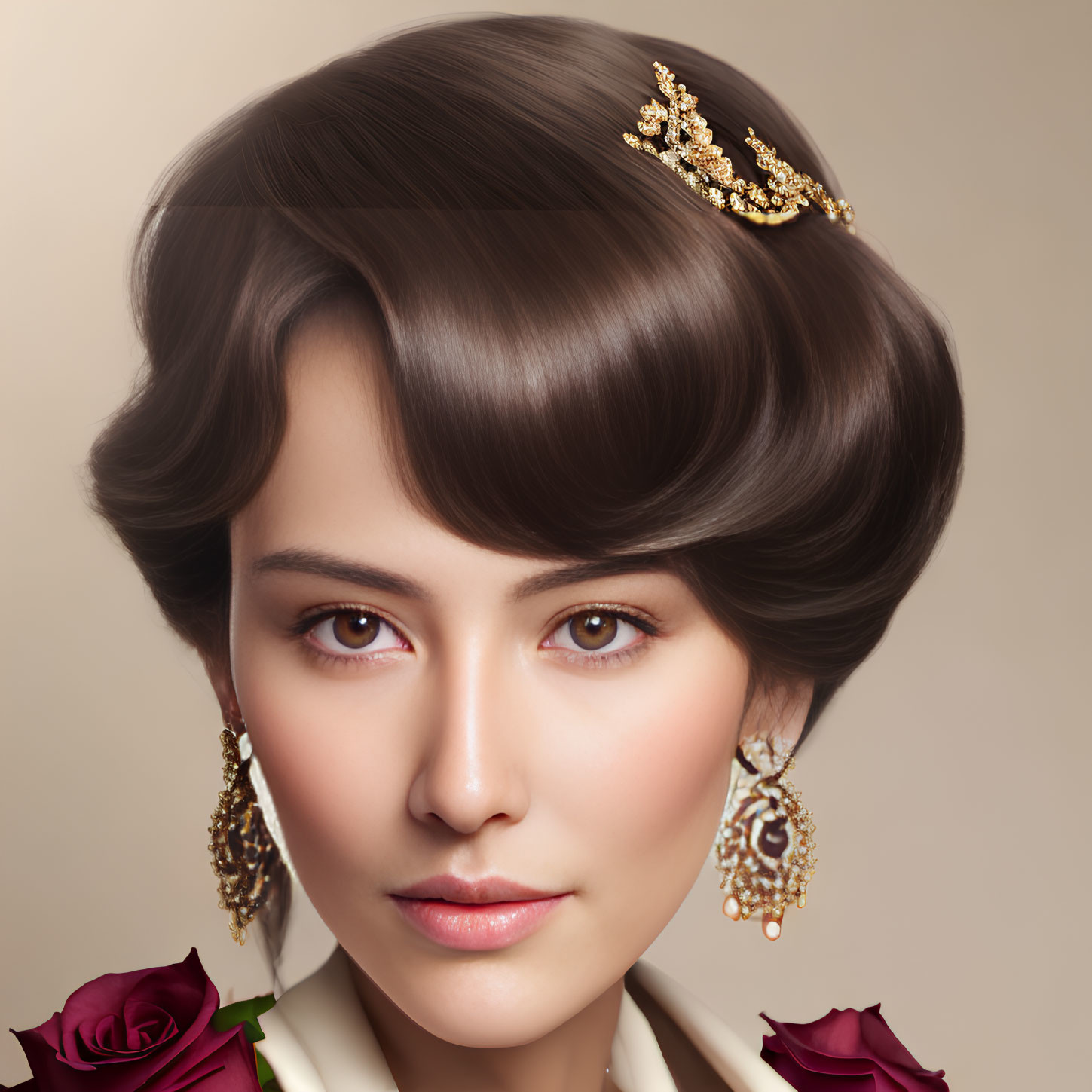 Woman with Elegant Updo and Gold Hair Accessory, Drop Earrings, and Roses