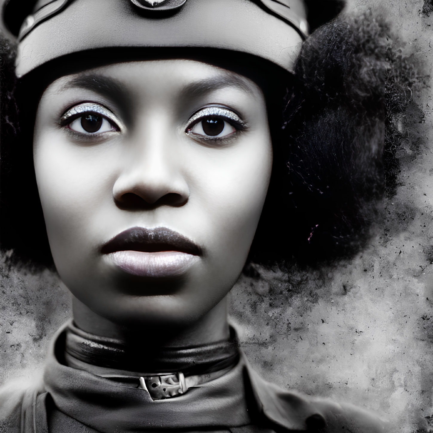 Close-up Portrait of Woman with Striking Eyes in Leather Cap and Fur-lined Ear Flaps