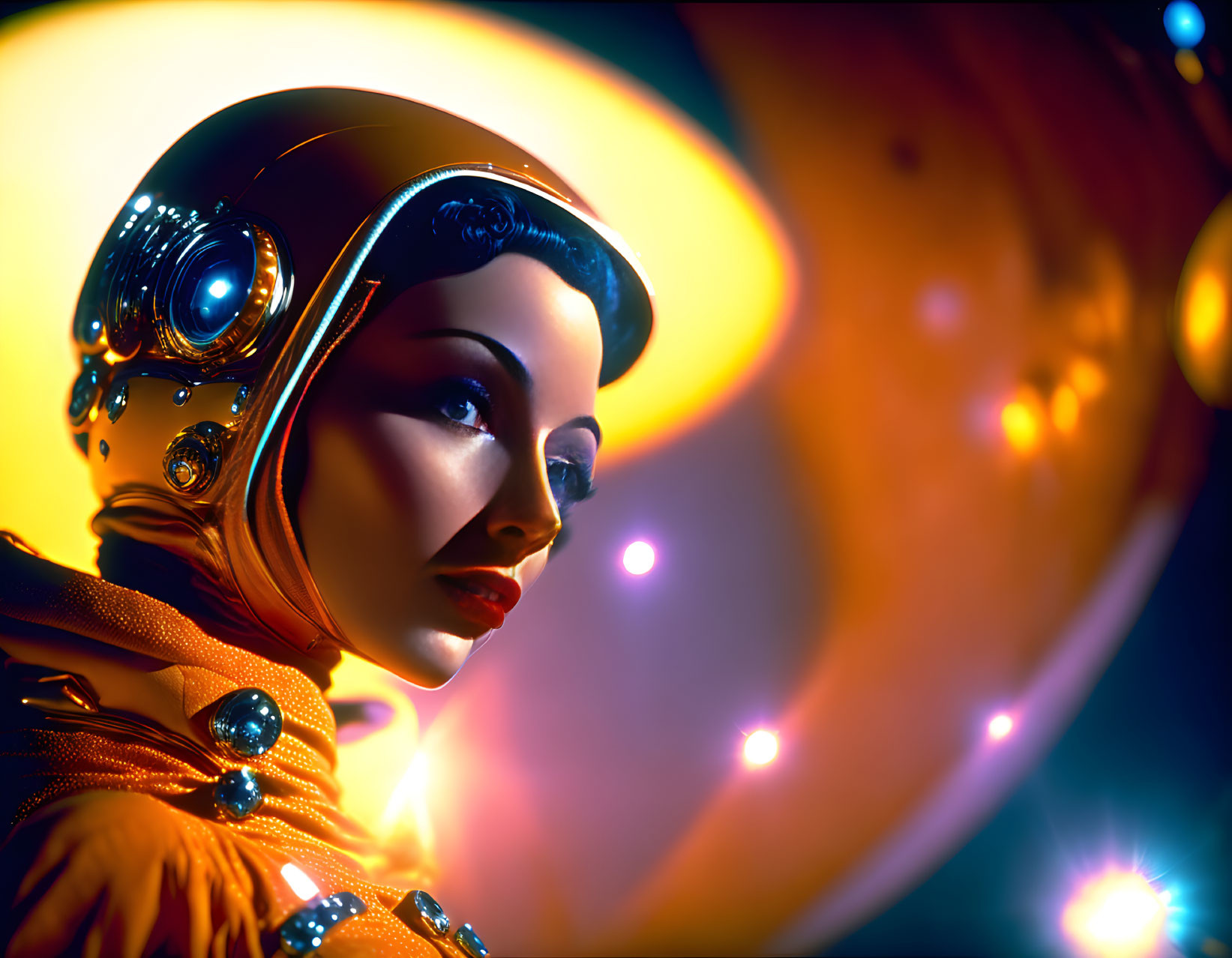 Futuristic gold spacesuit on female figure with glowing orbs in dark space