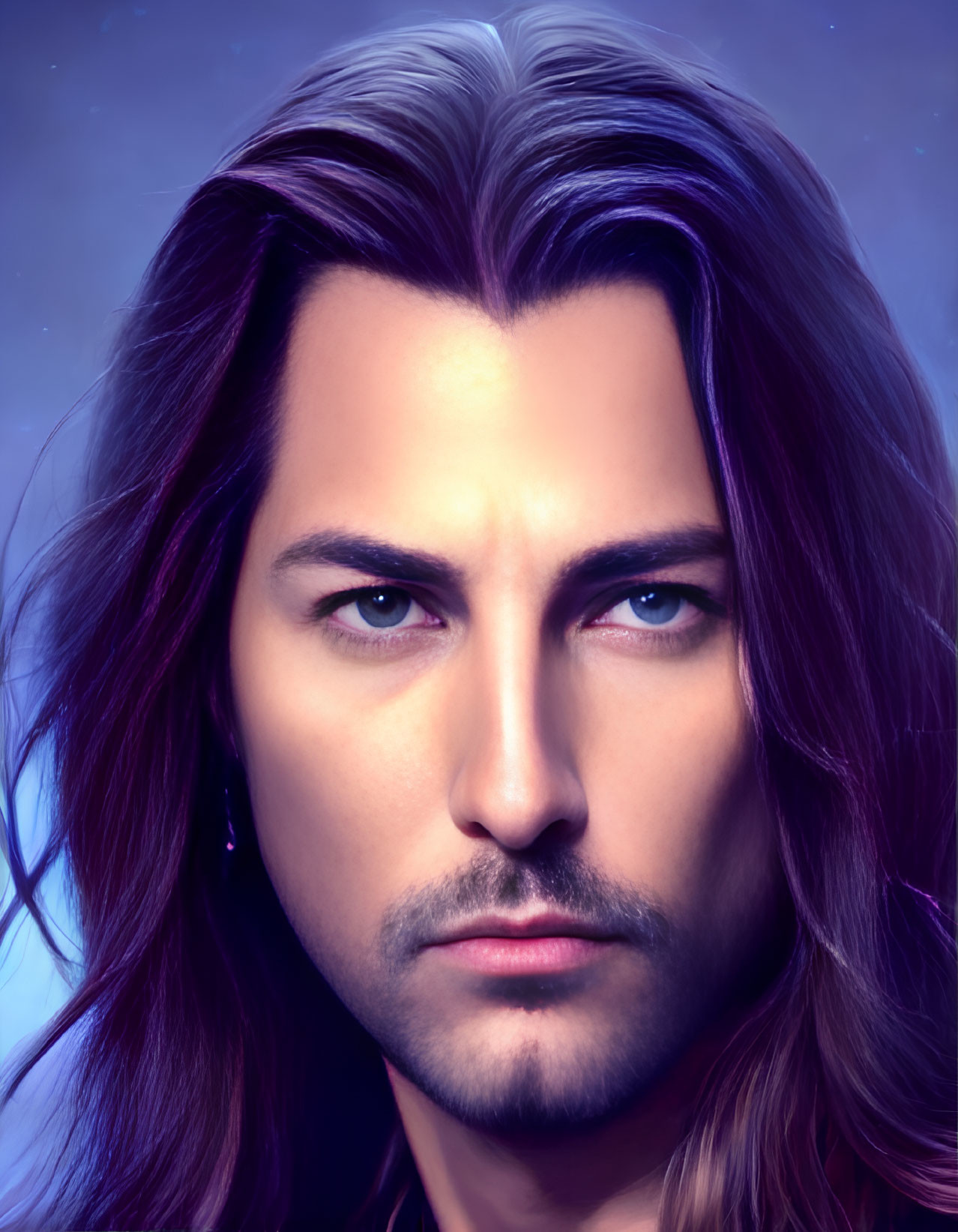 Man with Long Brown Hair in Digital Artwork on Purple Background