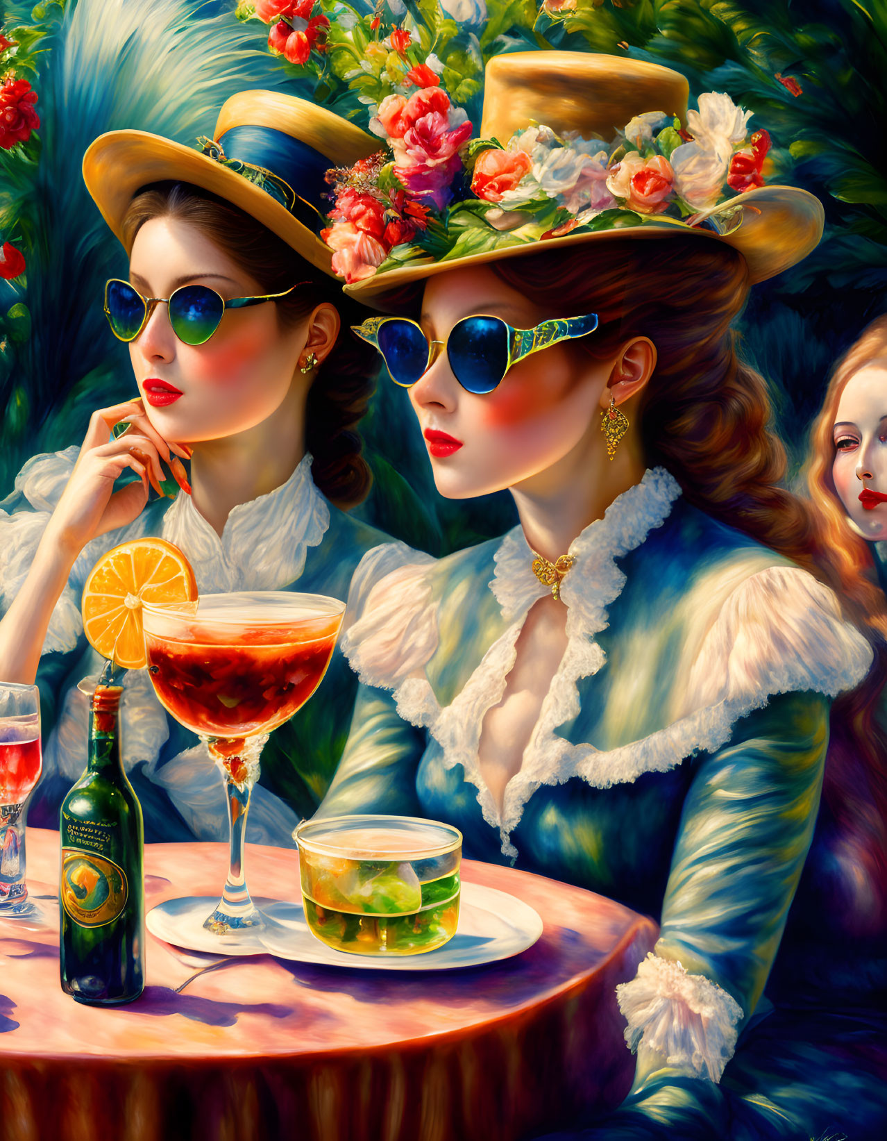 Stylish women in hats and sunglasses at a lush garden table