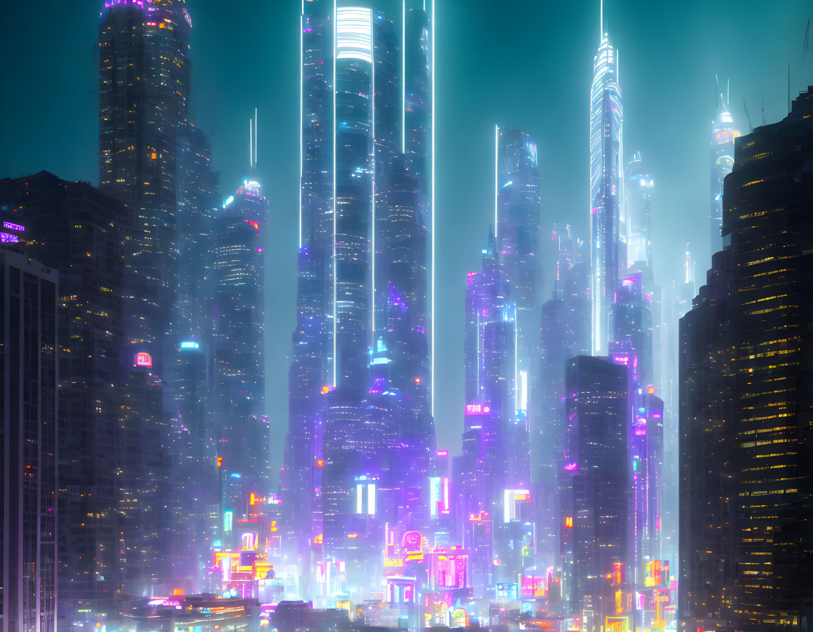 Futuristic neon-lit cityscape with skyscrapers at night