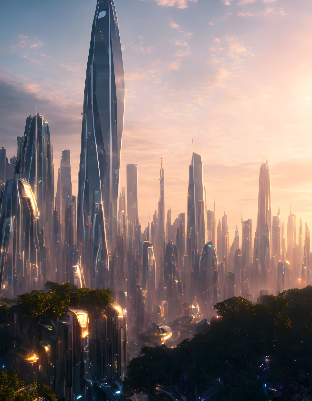 Futuristic cityscape at sunrise with sleek skyscrapers and illuminated roads