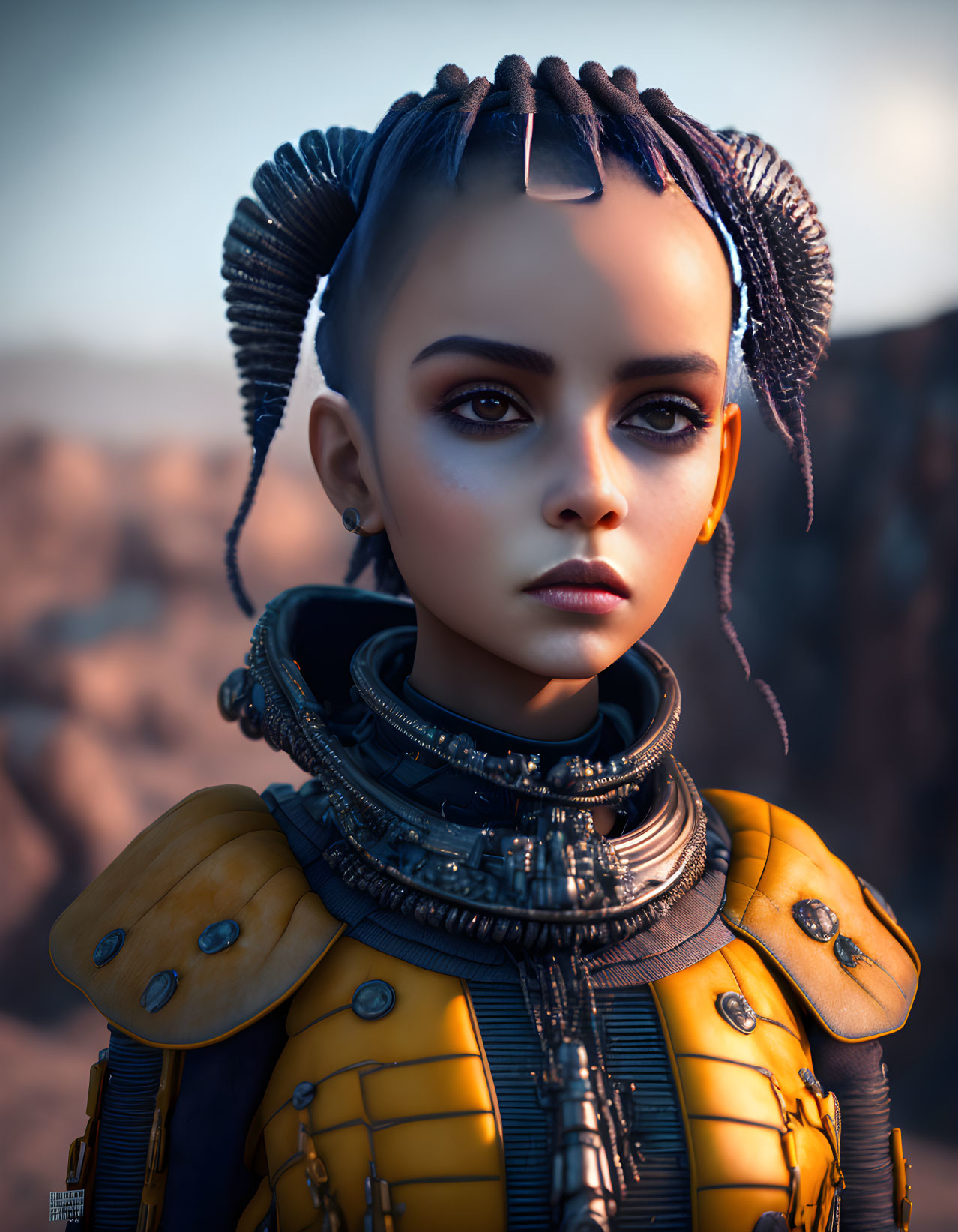 Digital portrait of female figure in futuristic attire with braided hair on blurred natural background