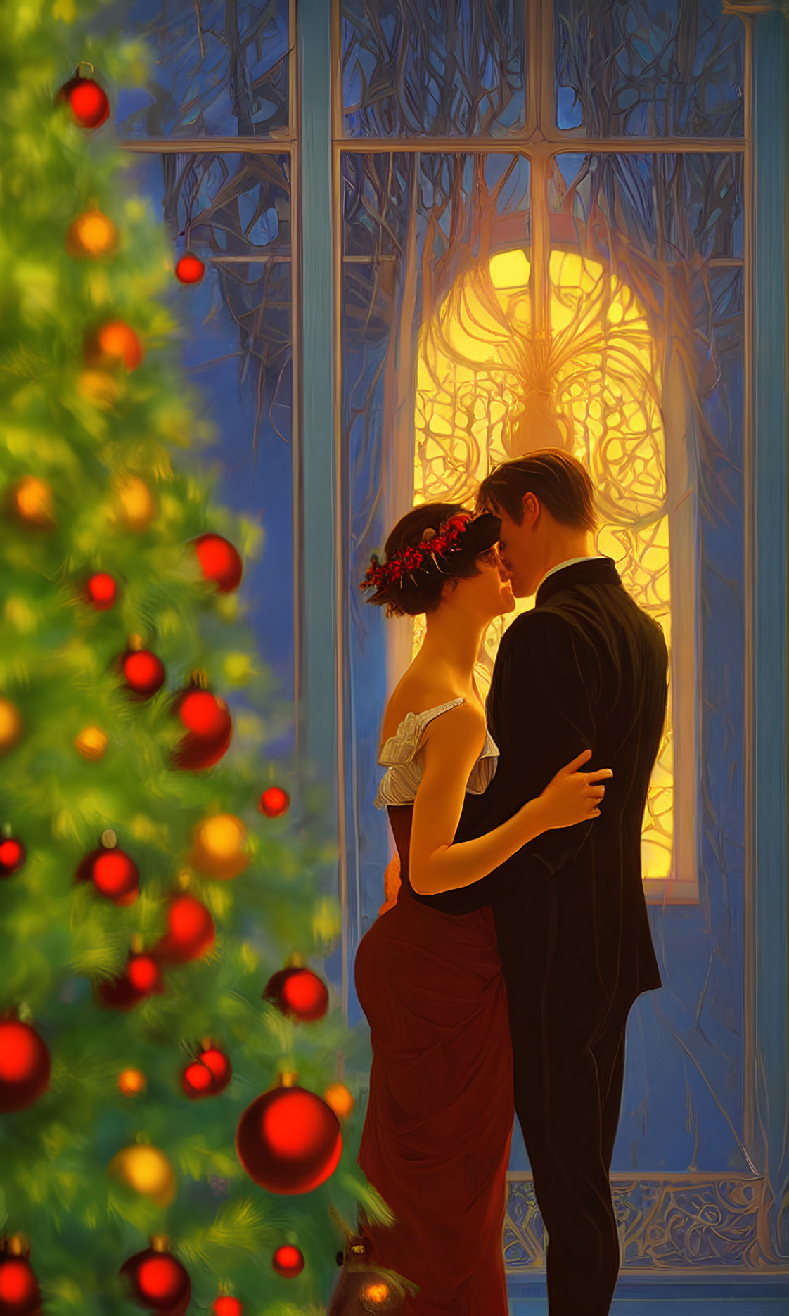 Romantic couple embracing near window with Christmas tree in warm light