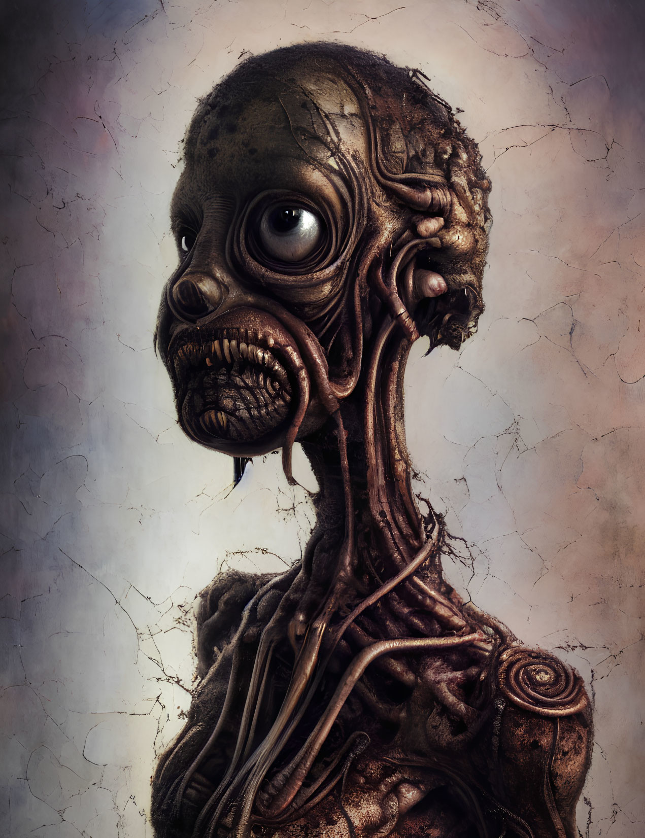 Detailed humanoid creature with exposed musculature and oversized eye on textured backdrop