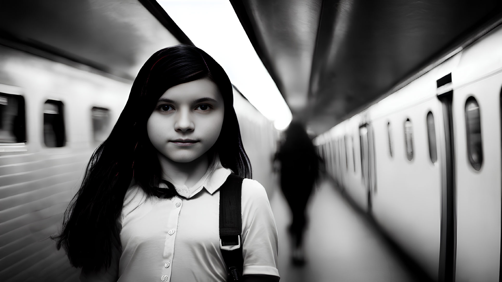 Young girl with dark hair at subway station with blurred figure and train