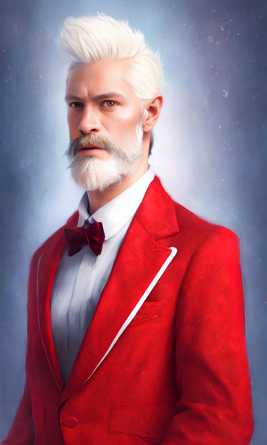 Elderly man in red velvet jacket with white hair and beard on starry backdrop