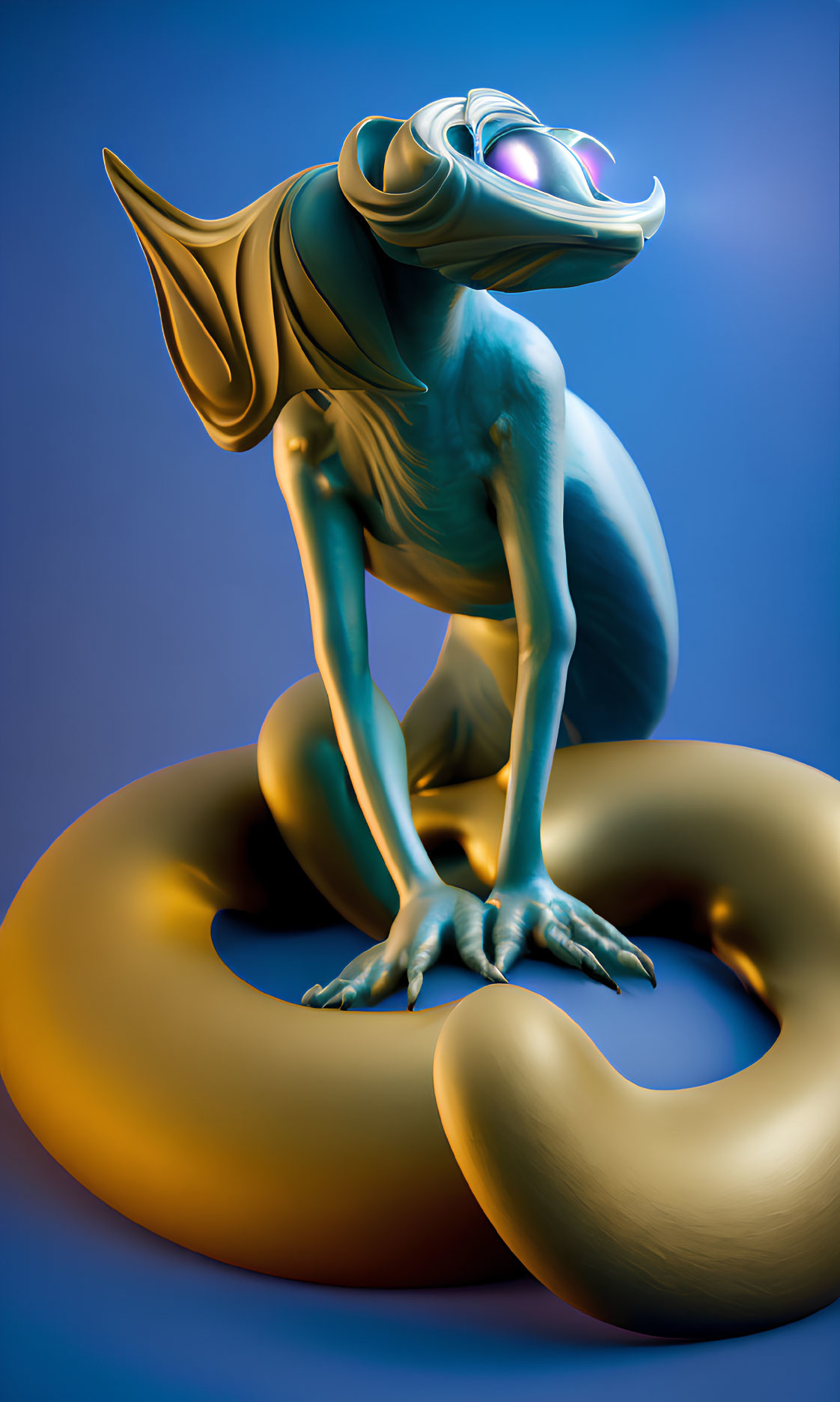 Surreal 3D illustration: Blue creature with large ears and eyes on golden loop