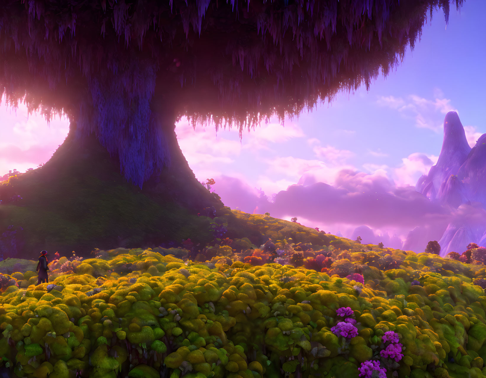 Colorful landscape with giant tree, yellow flowers, and figure under purple sky