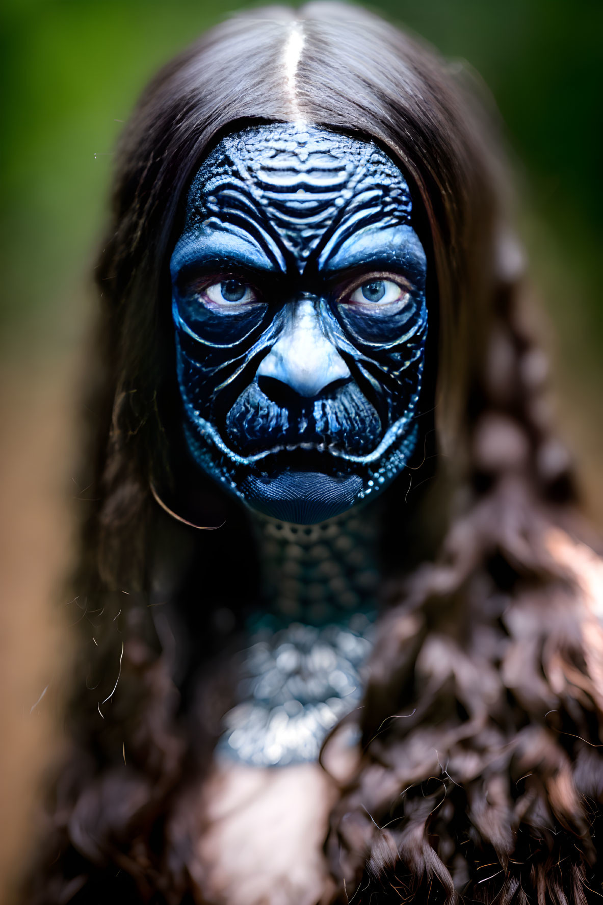 Intricate blue and black face paint with braided hair in blurred background