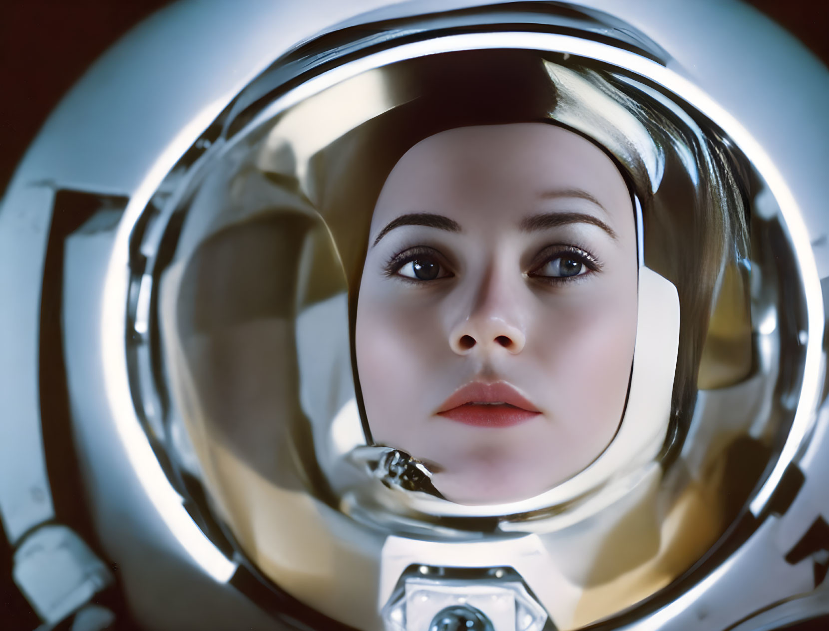 Woman in space helmet with reflective visor showcasing focused expression