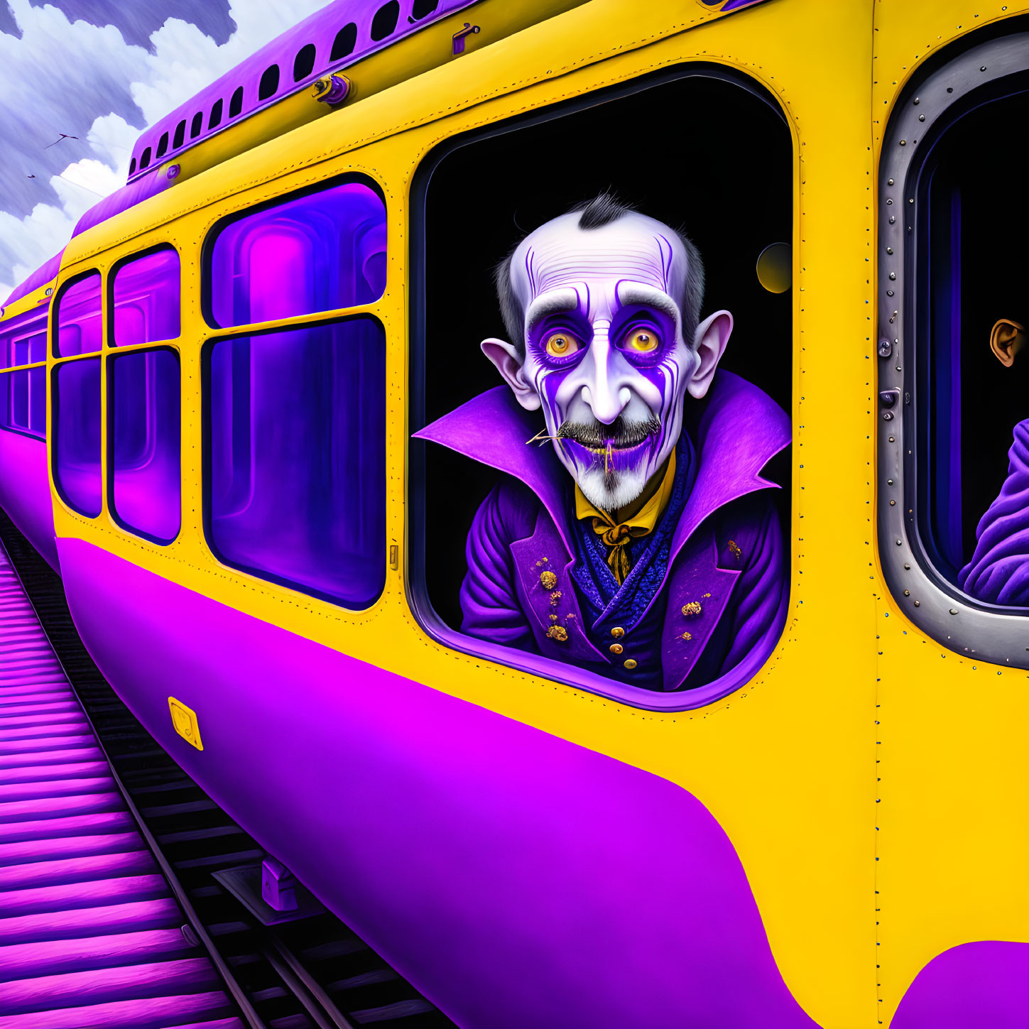 Colorful Illustration of Eccentric Character in Purple Outfit on Yellow Train under Cloudy Sky