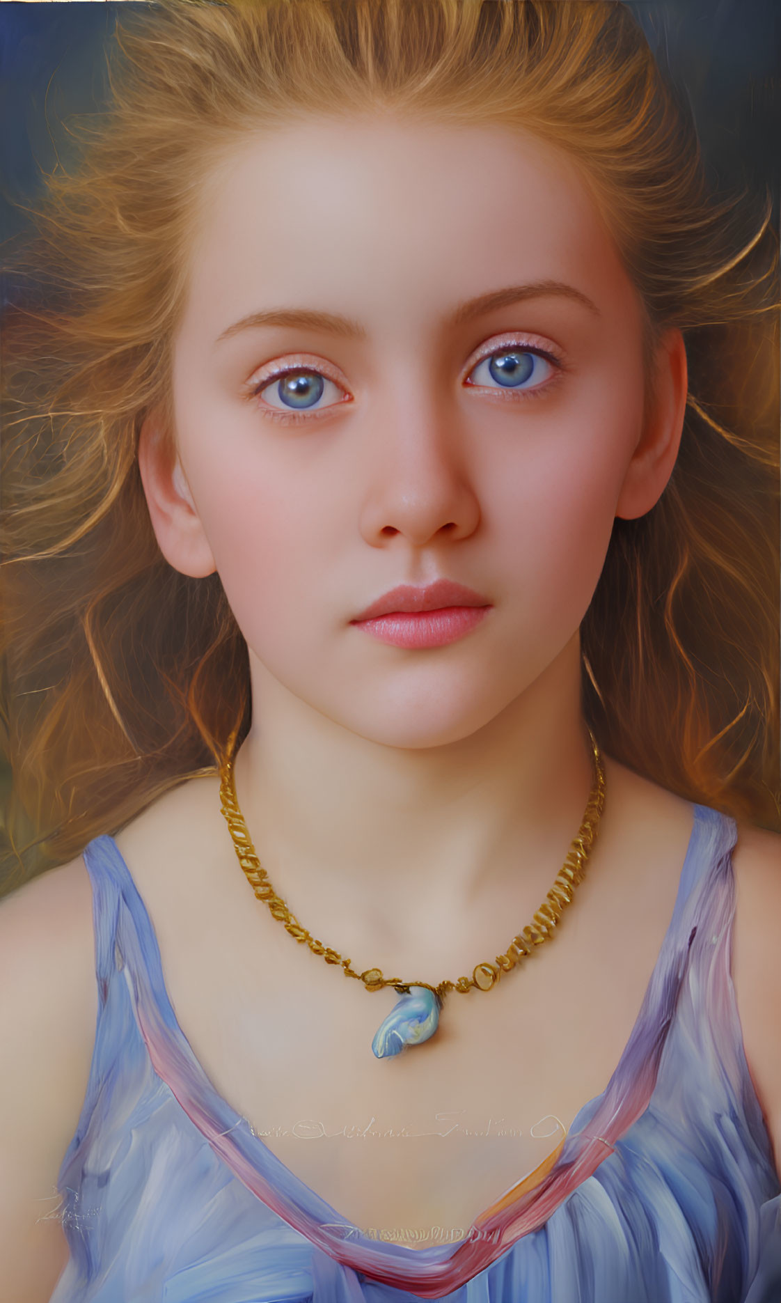 Young girl with blonde hair and blue eyes in blue dress and necklace.