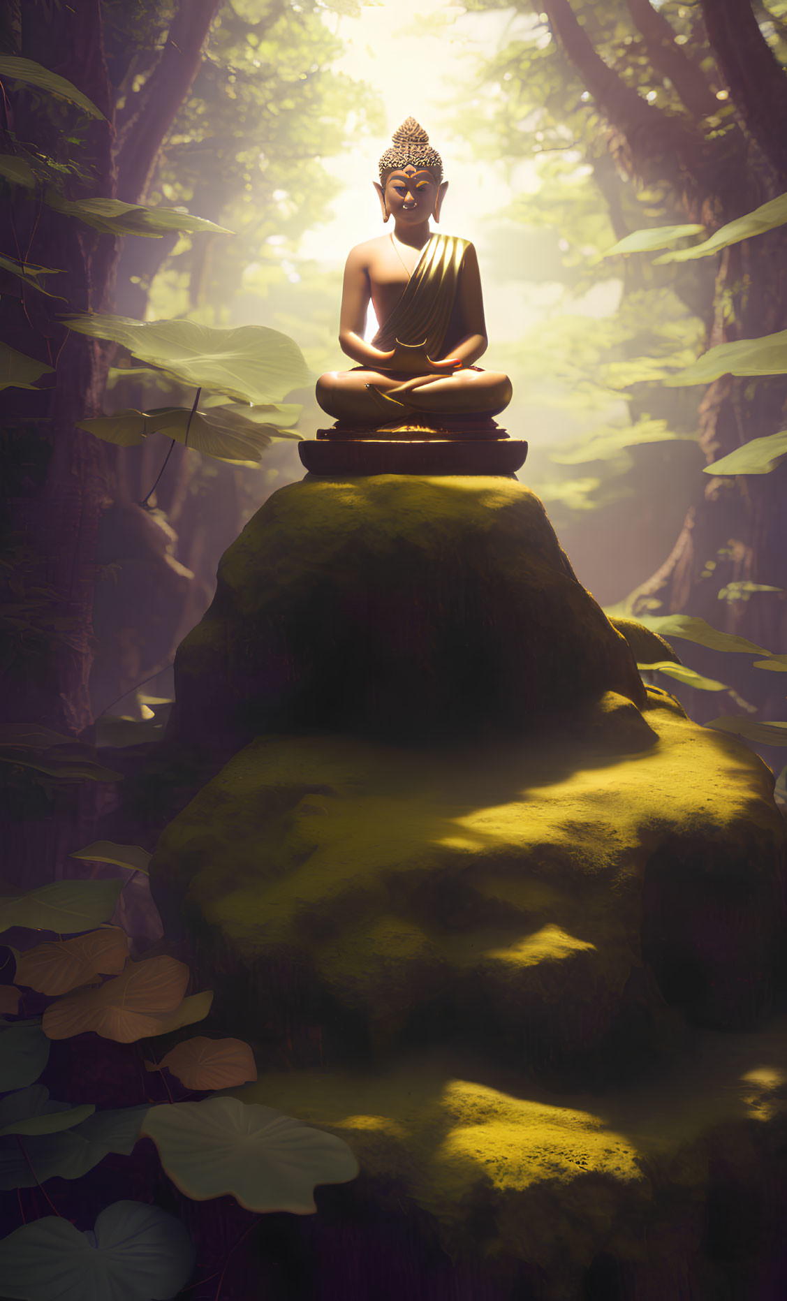 Tranquil Buddha statue on mossy rock in sunlit forest