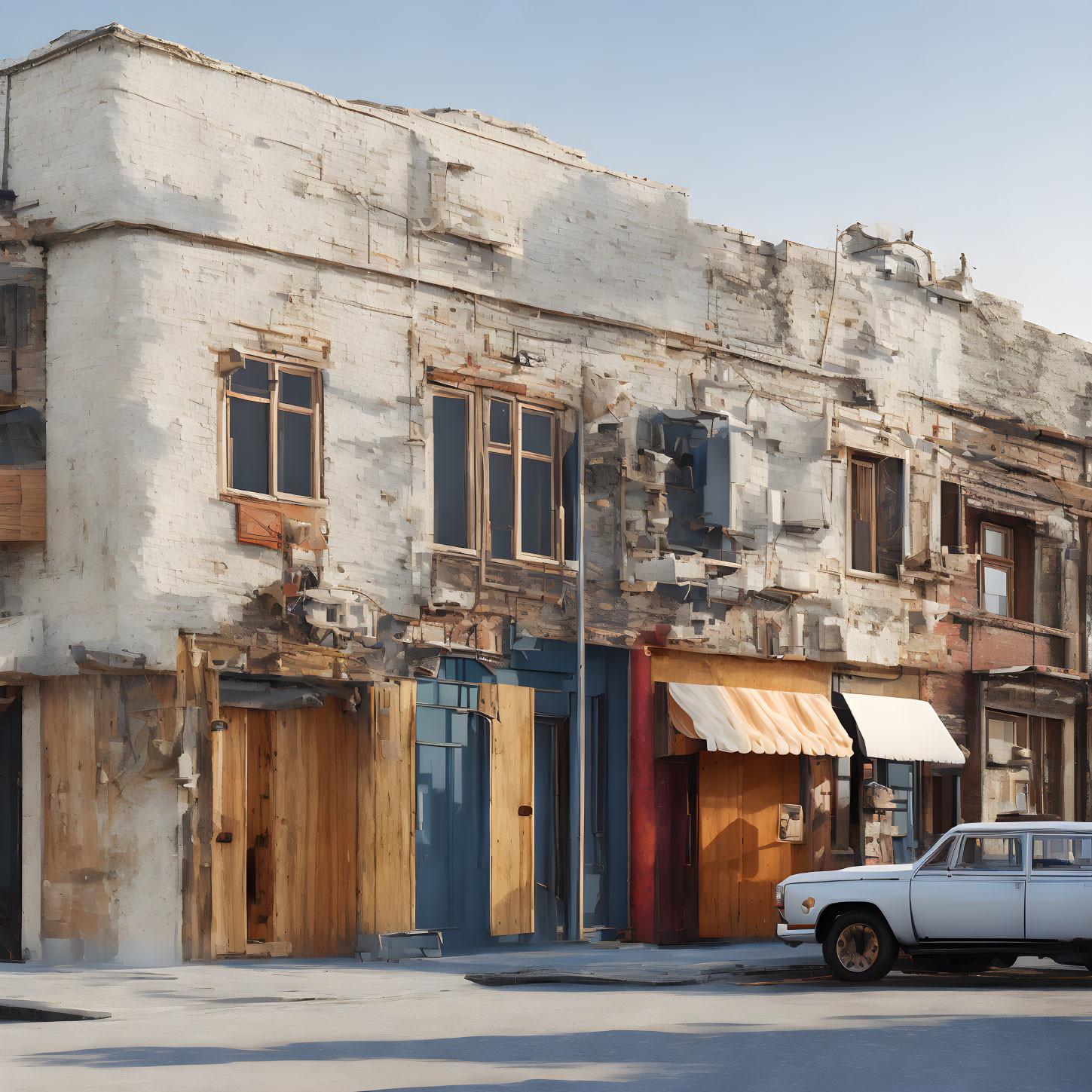 Vintage Cars Parked by Dilapidated Building with Exposed Bricks