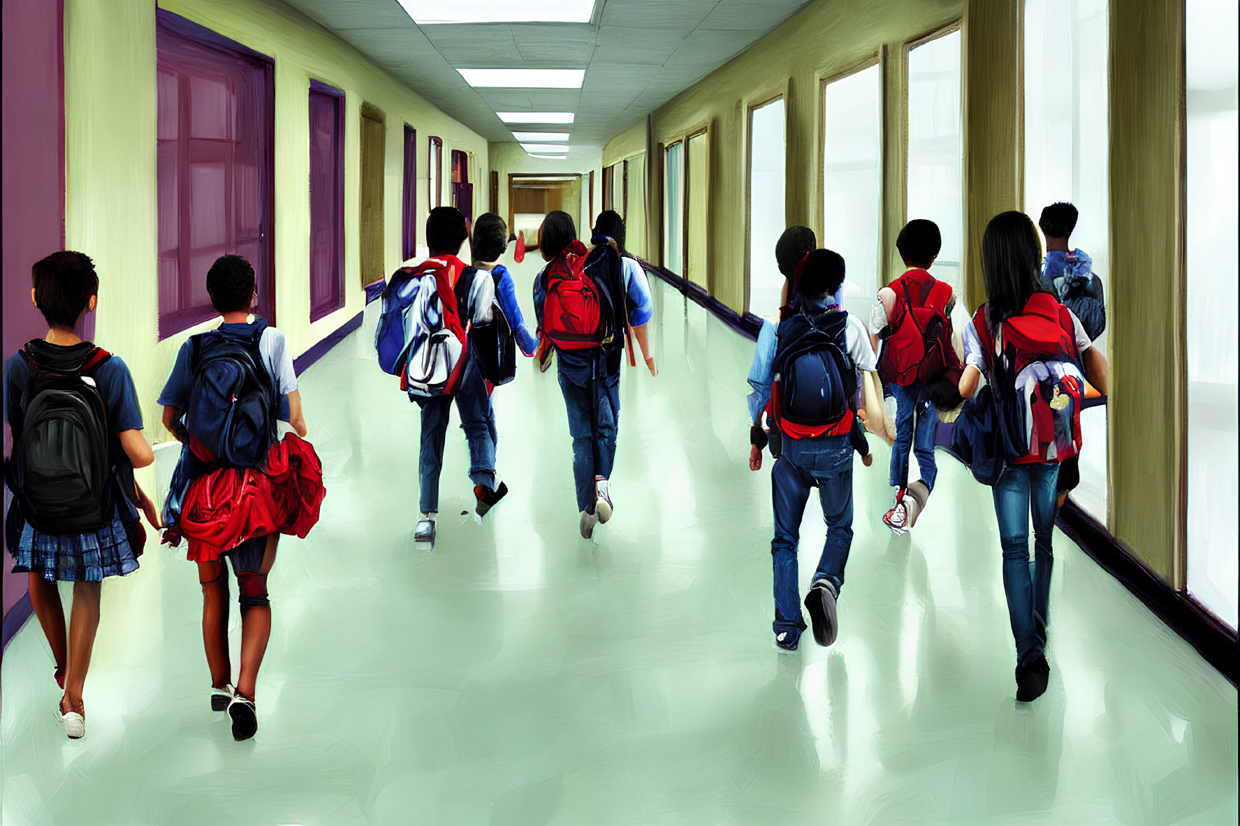 School Children Walking Down Bright Corridor After School