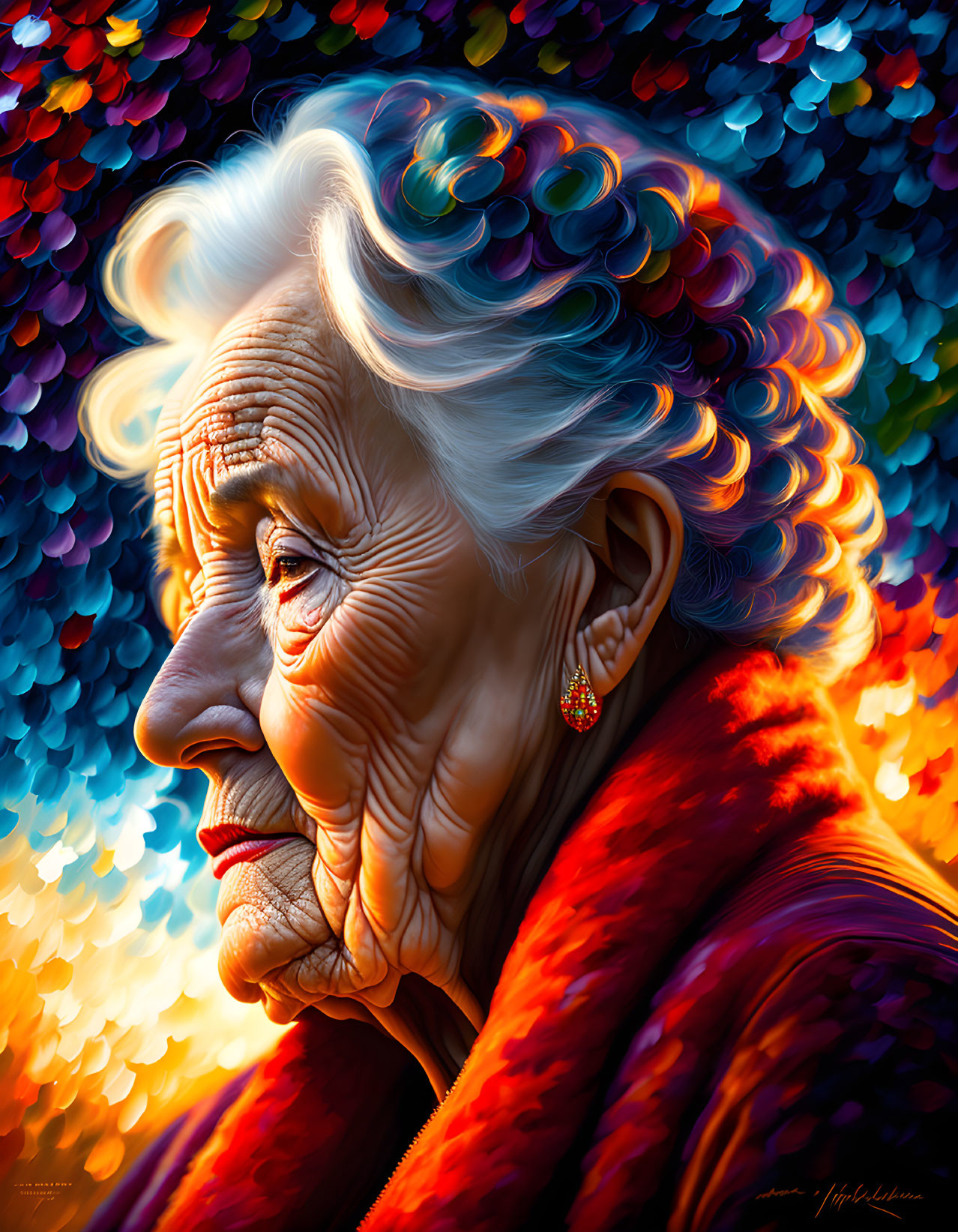 Elderly woman with white hair and red garment in front of colorful bokeh.