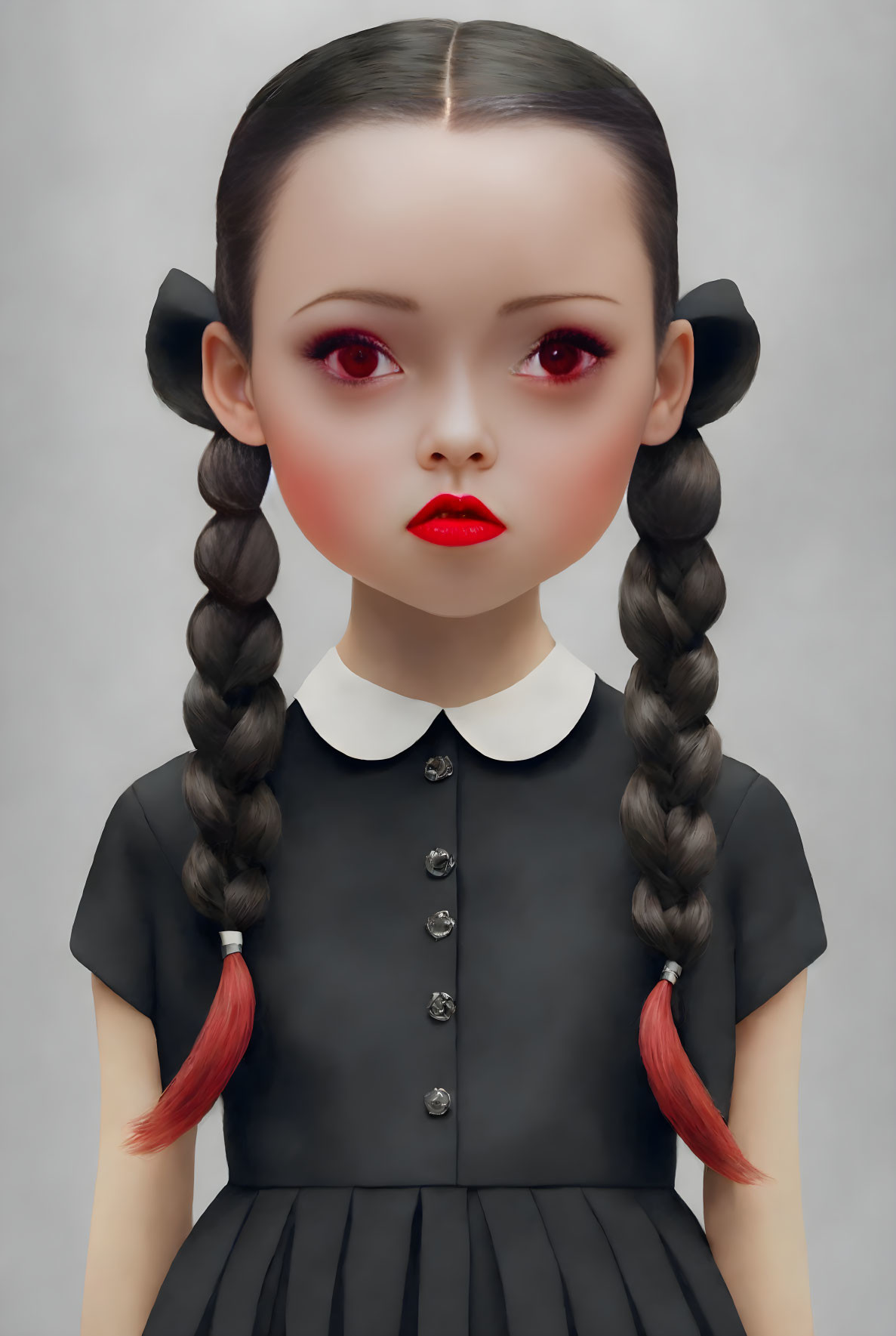 Pale-skinned girl with red eyes in black dress and braided pigtails