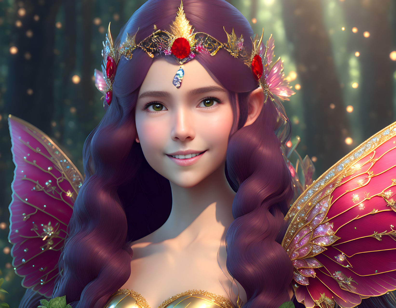 Smiling fairy digital art portrait with purple wings and forest backdrop