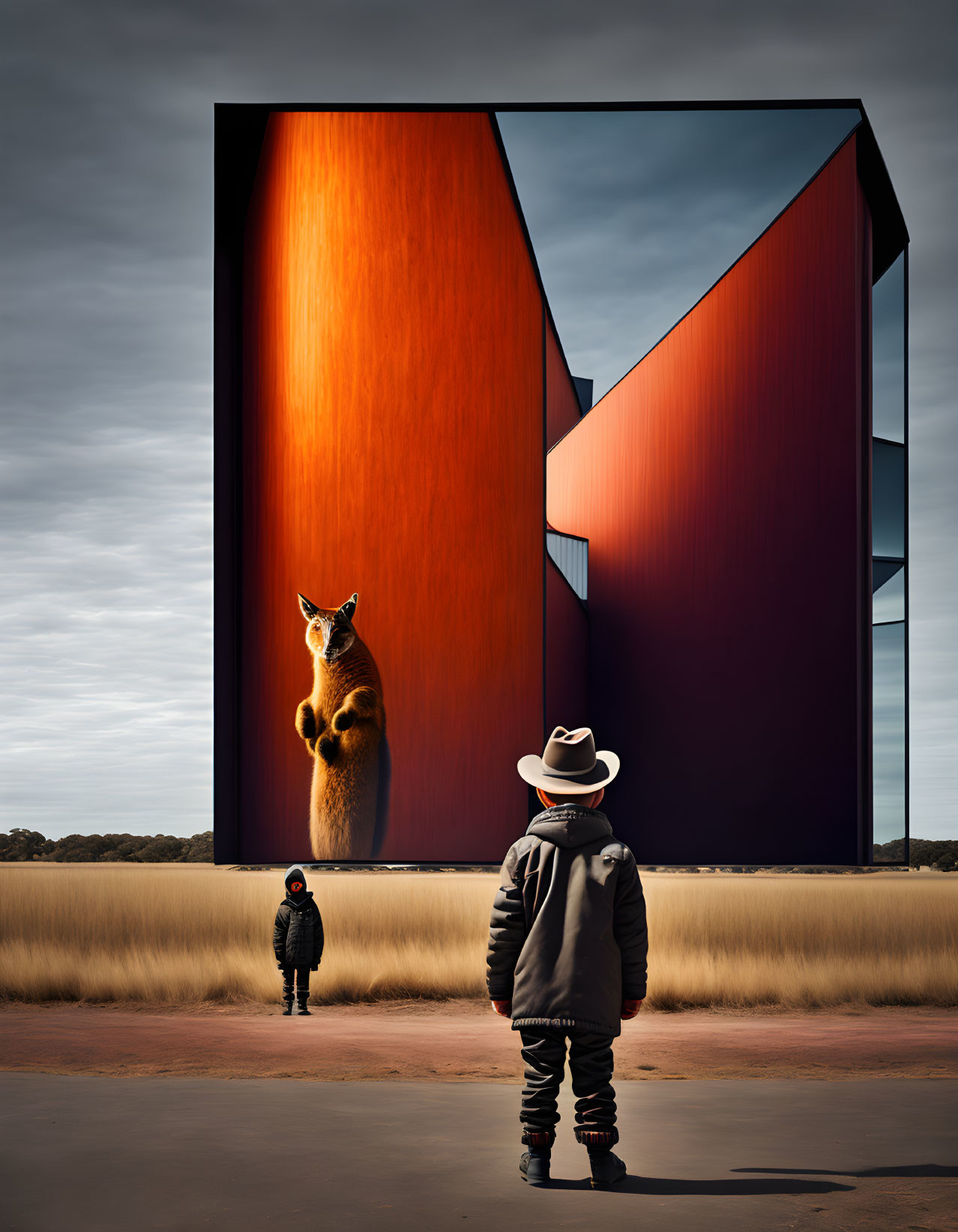 Cowboy hat person gazes at modern building with kangaroo image while another watches.