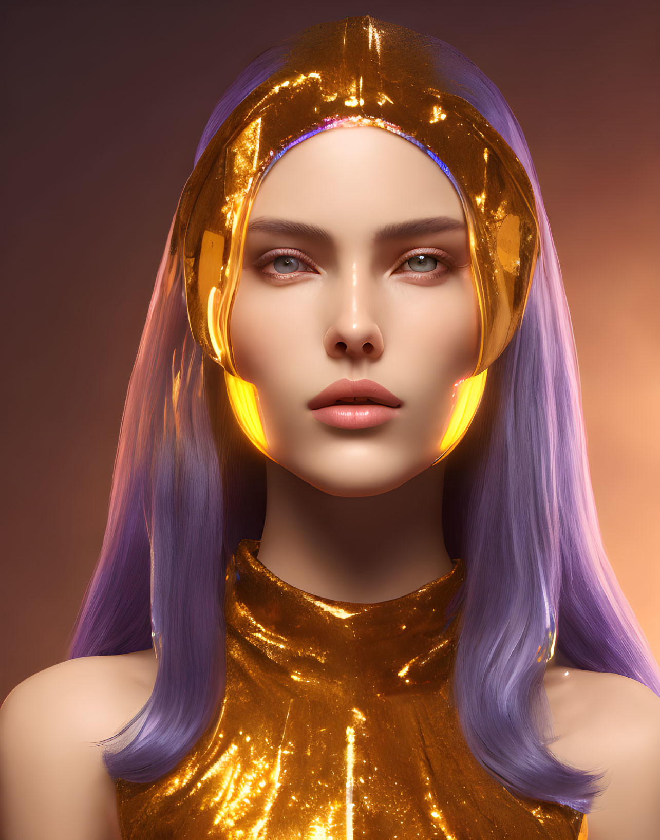 Female 3D Model in Golden Headgear and Purple Hair