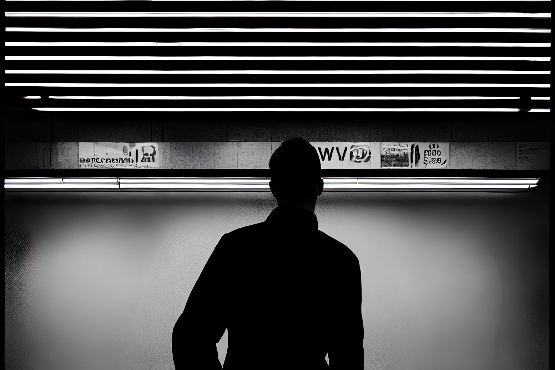 Person's Silhouette Against Fluorescent Light Wall