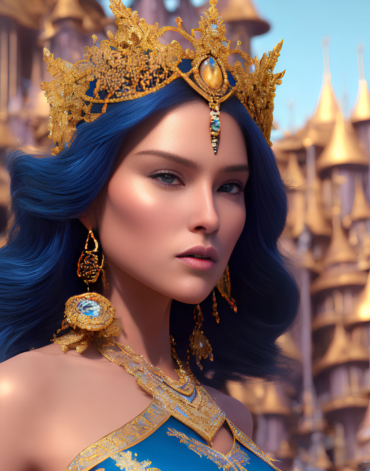 Woman with Vibrant Blue Hair and Gold Crown in Front of Golden Spires