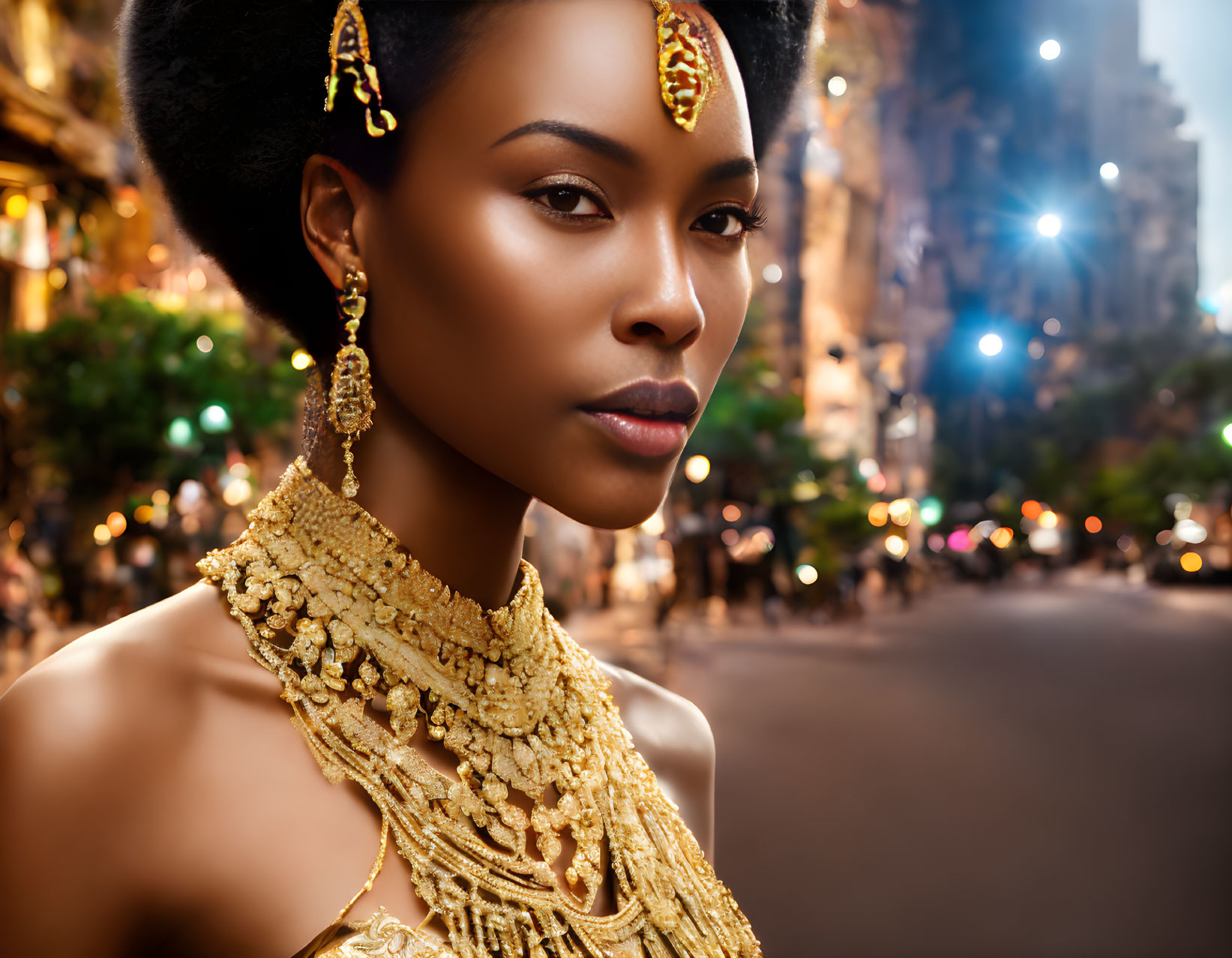 Elegant woman in gold jewelry against urban twilight landscape