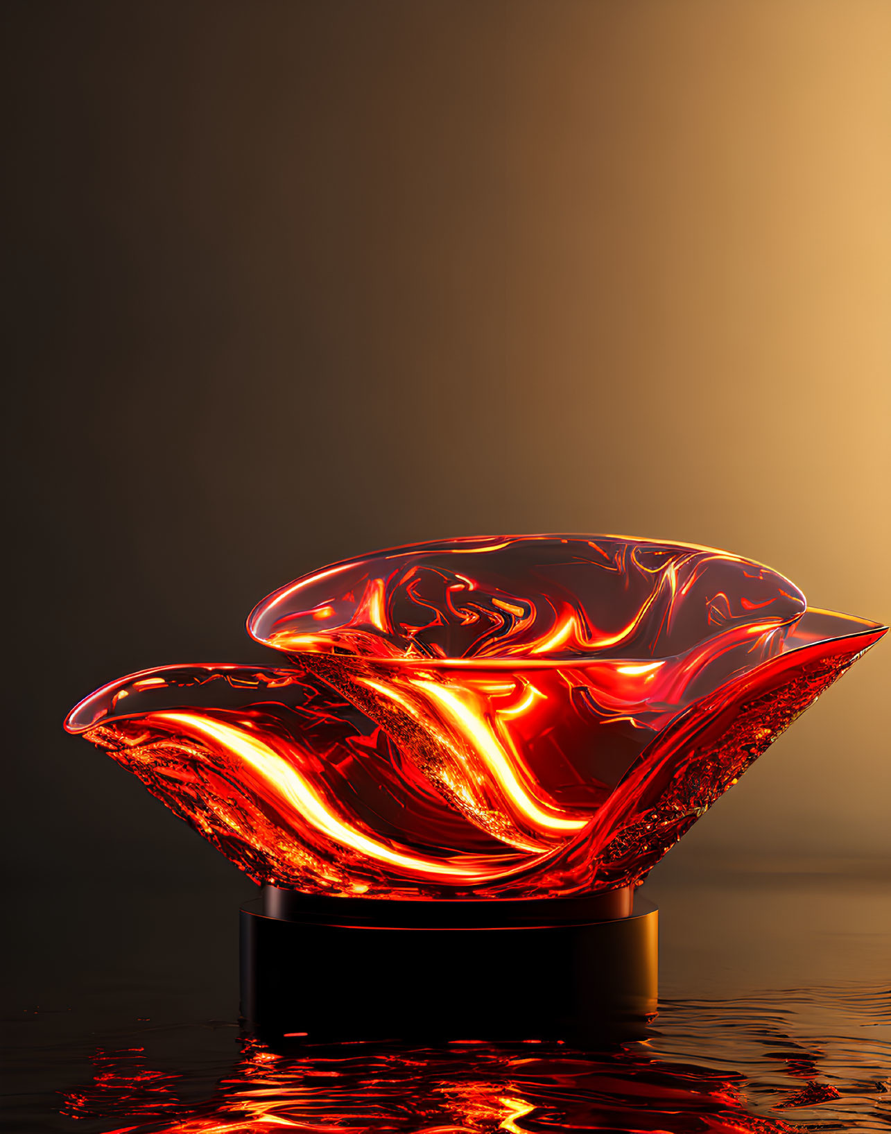 Digitally-rendered luminous glass bowl with red and orange swirling patterns on a reflective surface.