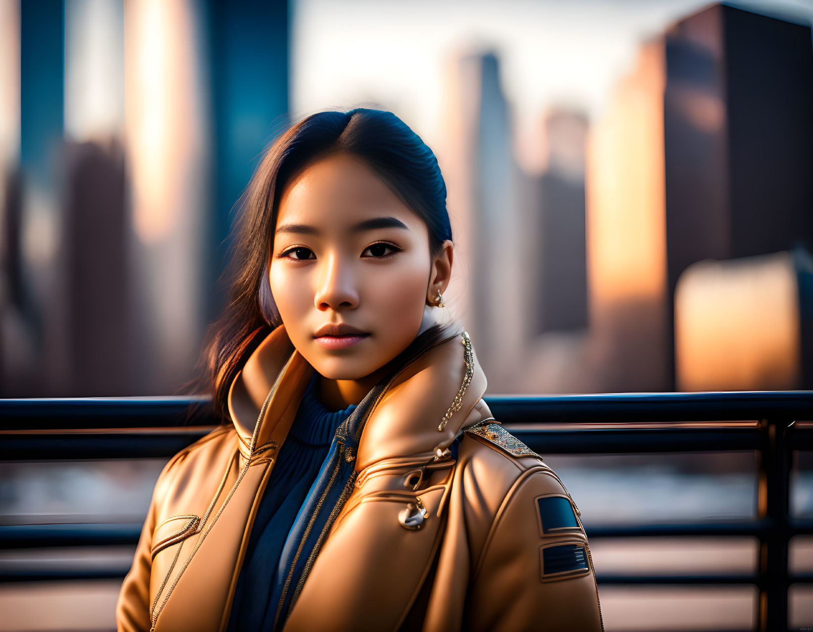 Stylish young woman in gold jacket against urban sunset skyline