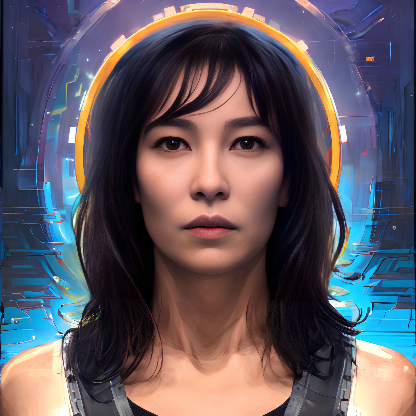 Intense gaze digital portrait of woman with futuristic circular glow on blue cybernetic backdrop