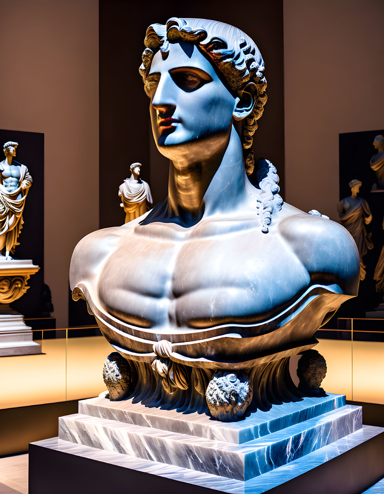 Colorful classical bust sculpture in gallery with warm lighting and sharp contrasts